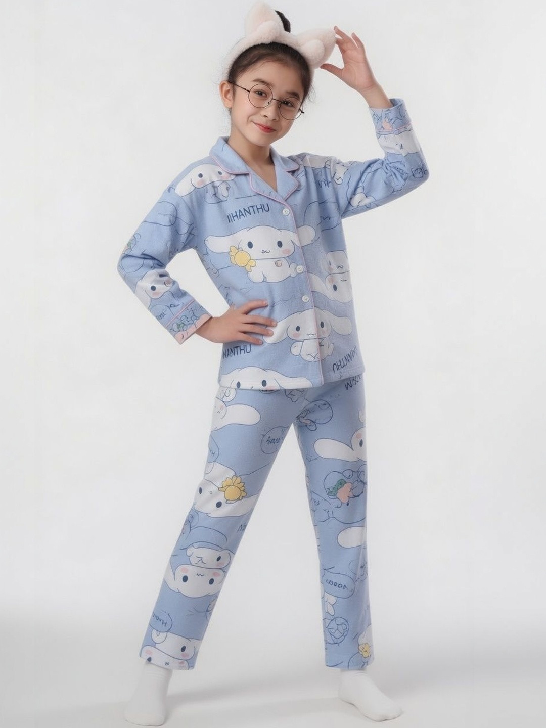 4JSTAR Girls Printed Night Suit Set Button Down Shirt Collar Top with Pyjama