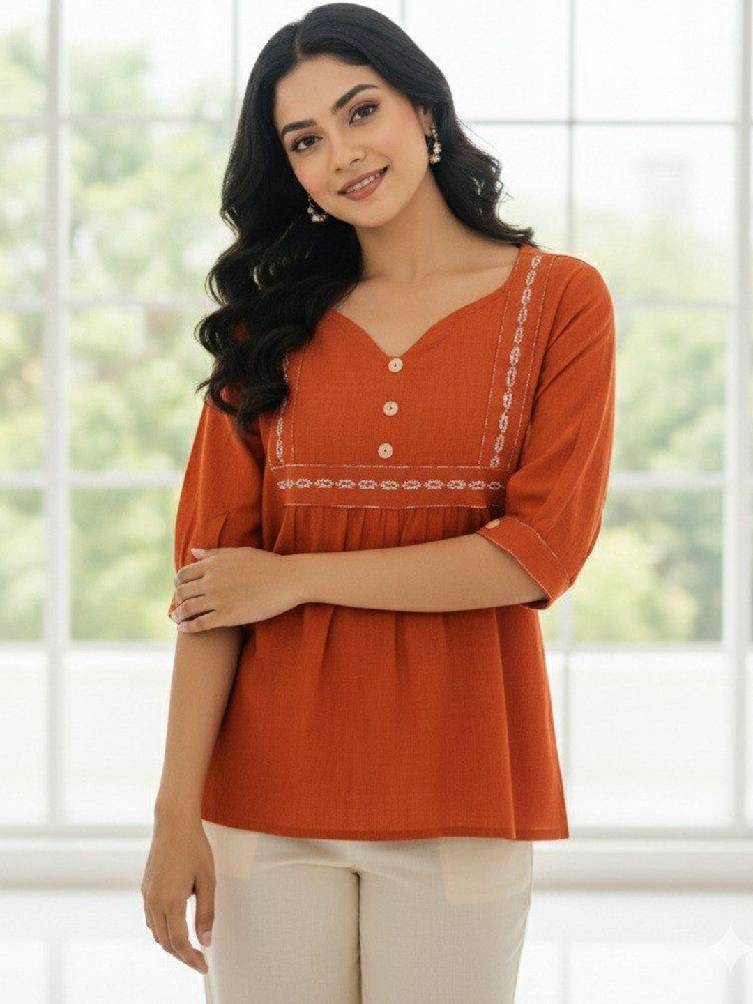 AWRIYA Embellished Embroidered Top