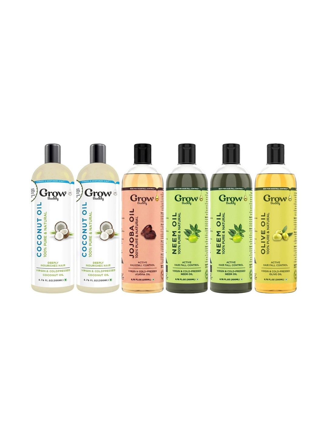 Growbuddy Set Of 6 Virgin & Cold Pressed Coconut Jojoba Neem & Olive Oil - 200 ml Each
