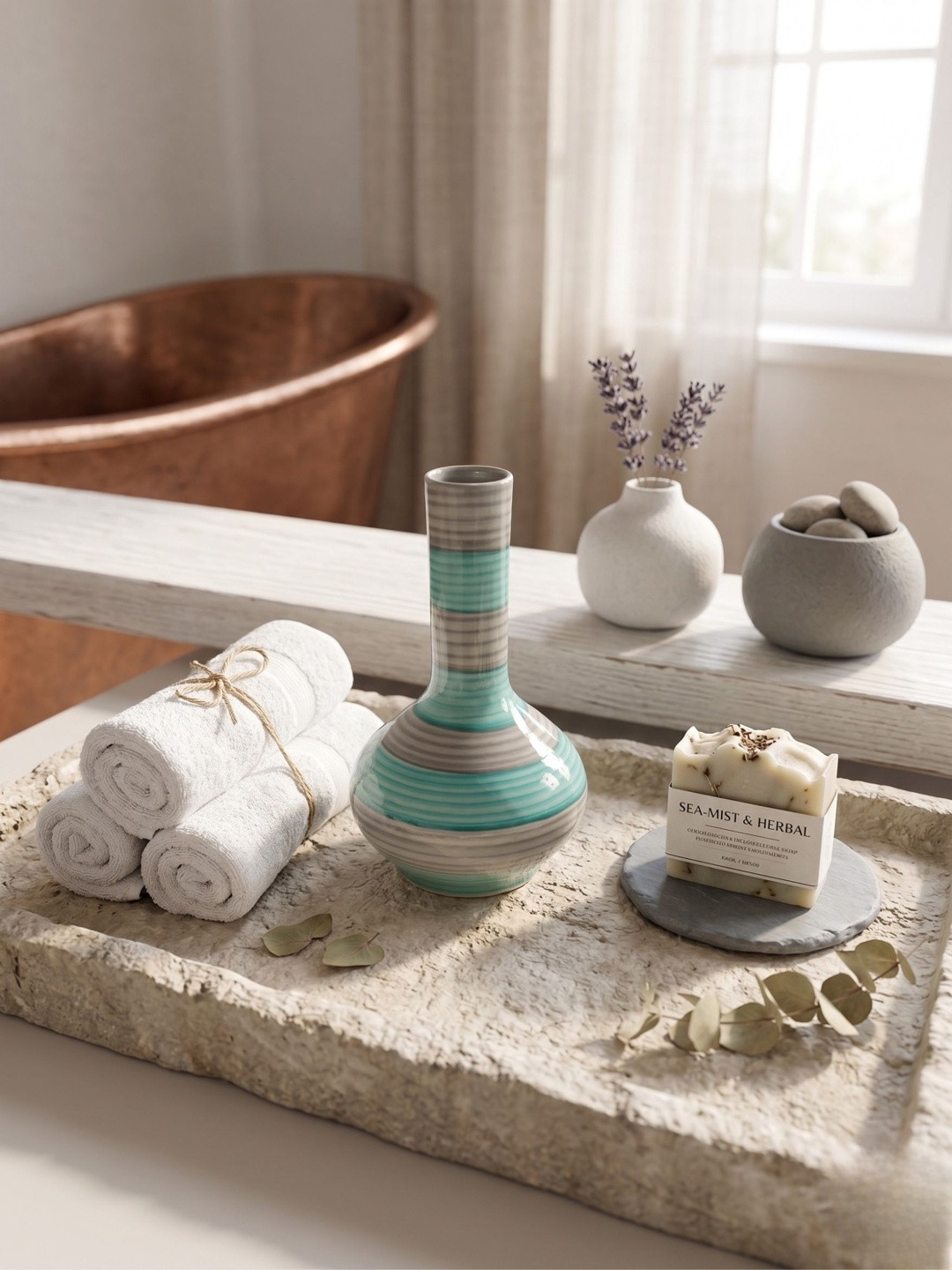 Kreative Arts Teal Blue Colored & Taupe-Colored Modern Design Ceramic Bud Vase