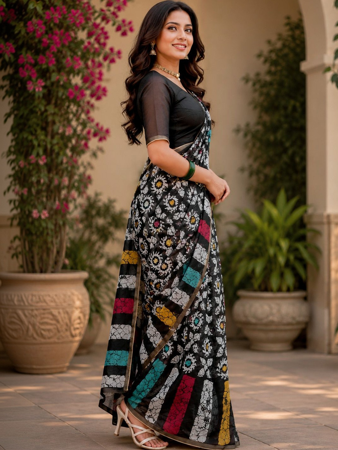Elora Black Chanderi Cotton Batik & Block Printed Ready To Wear Saree