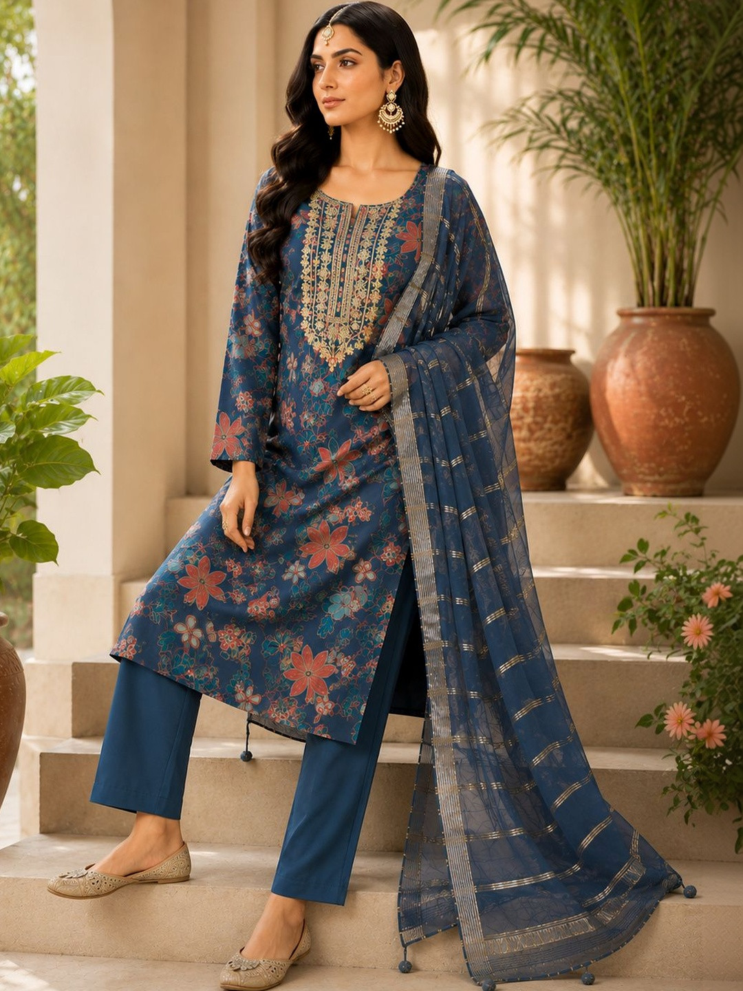 Greatech Fashions Women Floral Printed Regular Thread Work Kurta with Trousers & With Dupatta