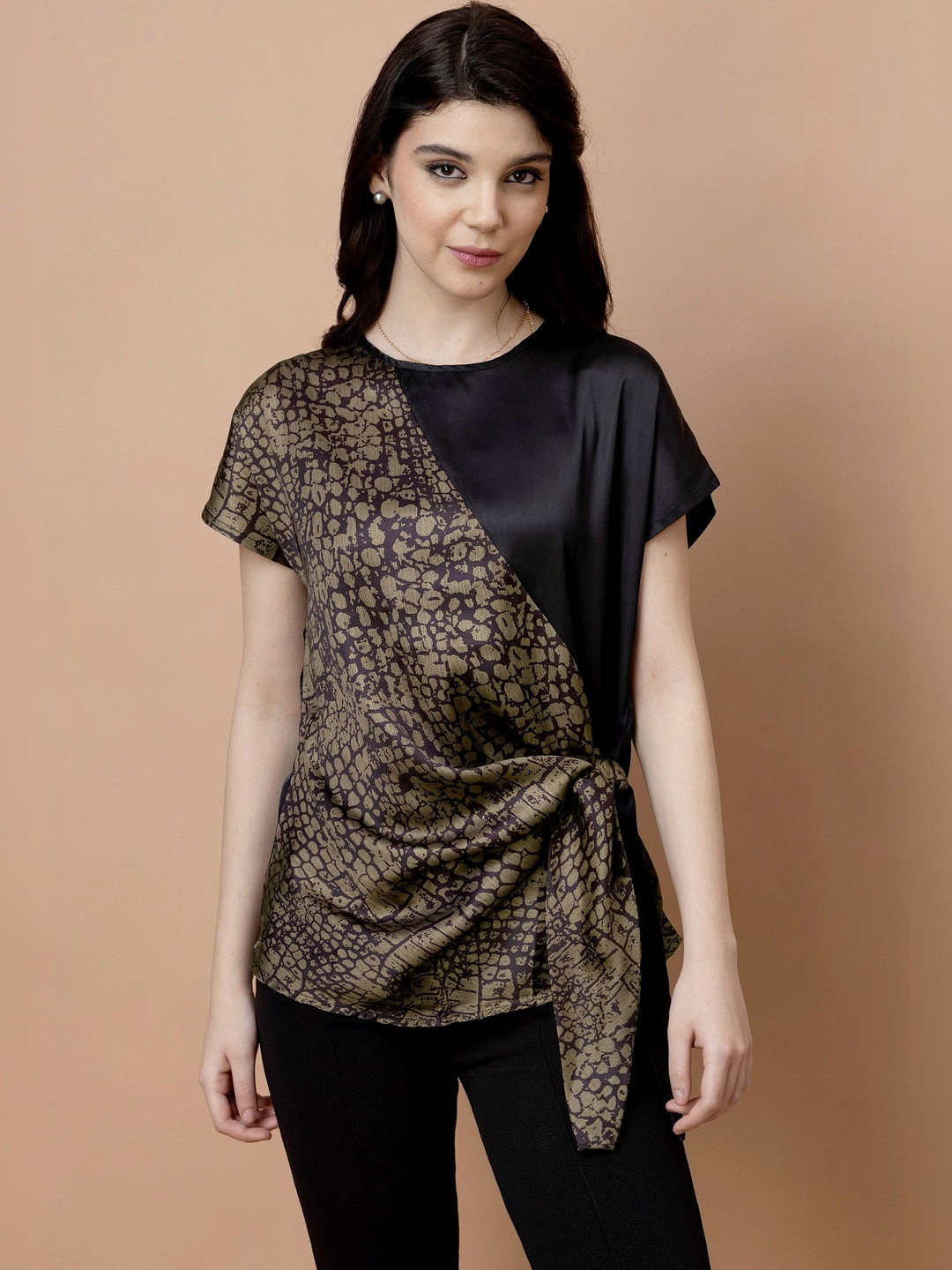 PURYS Animal Print Satin Wrap Top