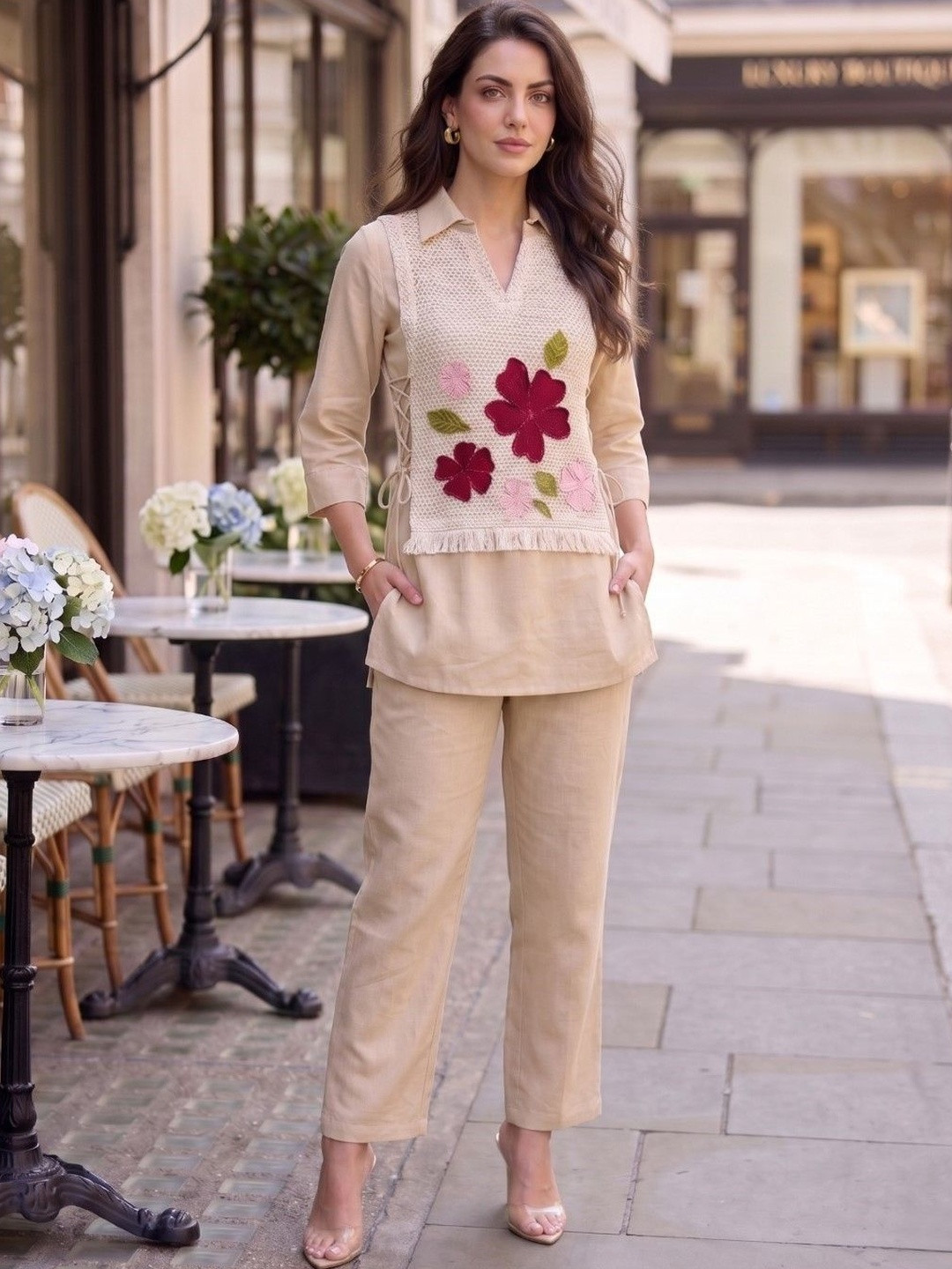 AUTUMN LANE Bohemian Cotton Embellished Top with Trousers