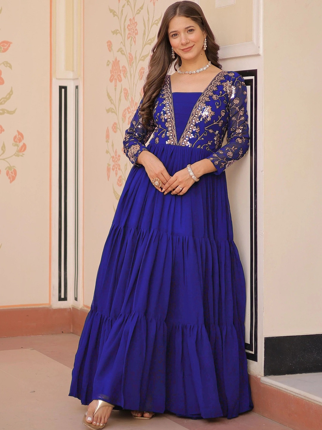 Sangria Ethnic Motifs Embroidered Sequinned Fit & Flare Maxi Ethnic Dress