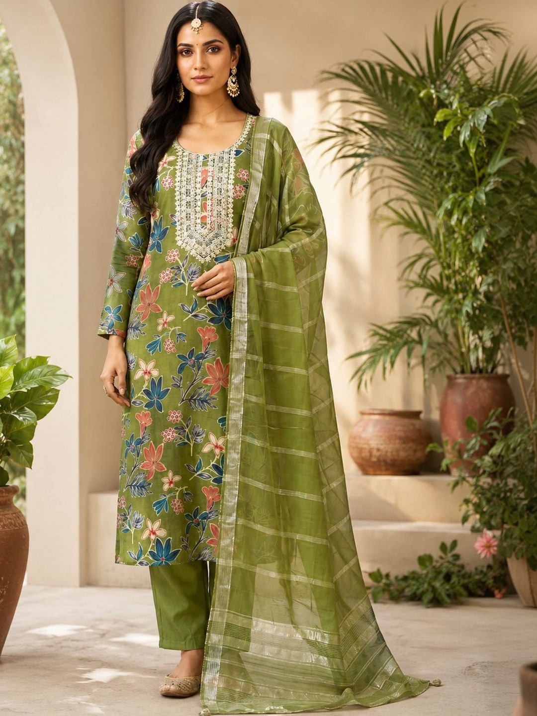 Greatech Fashions Women Floral Printed Regular Thread Work Kurta with Trousers & With Dupatta
