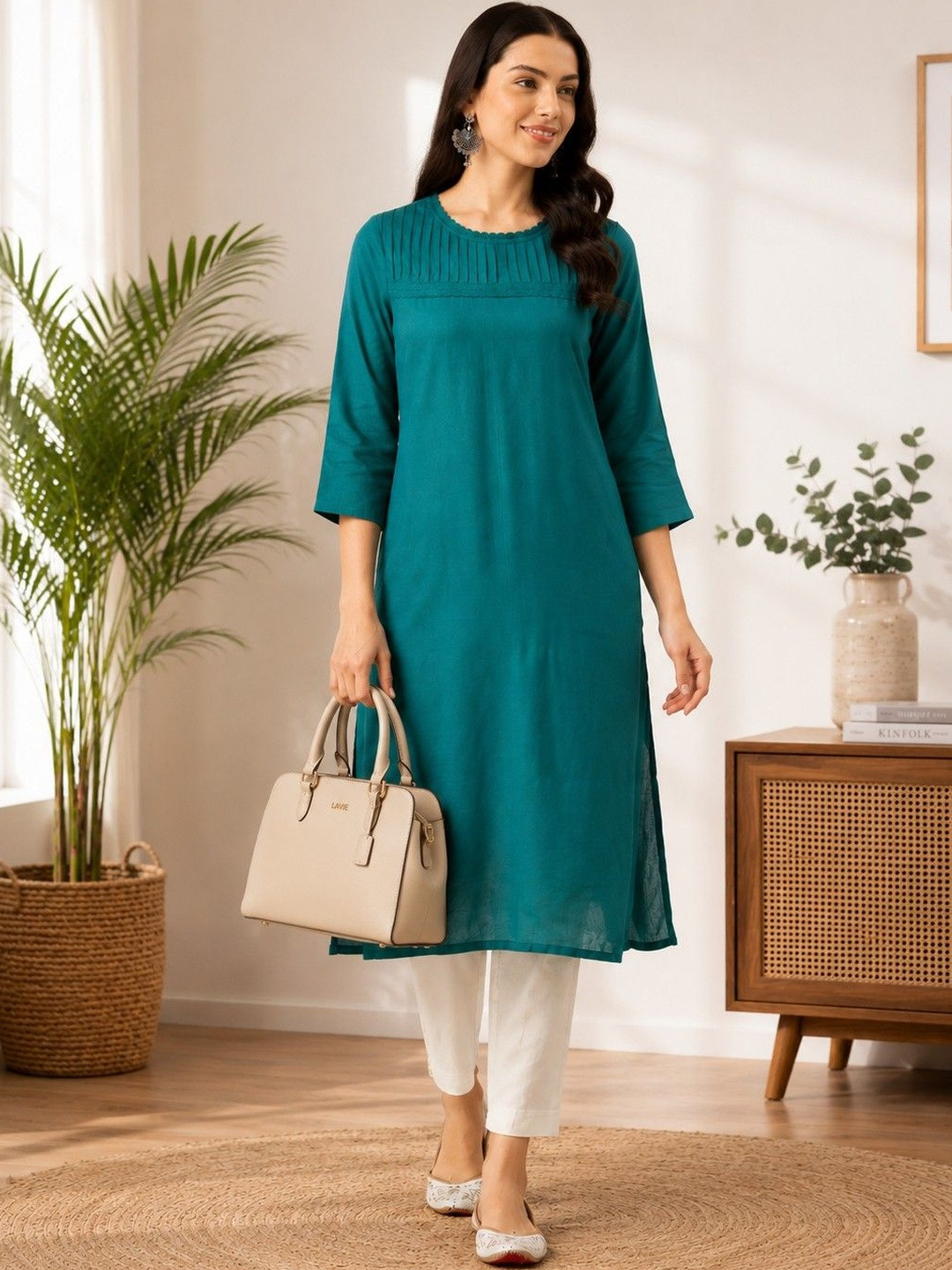 The Rue Collection Yoke Design Pure Cotton Pleated Kurti
