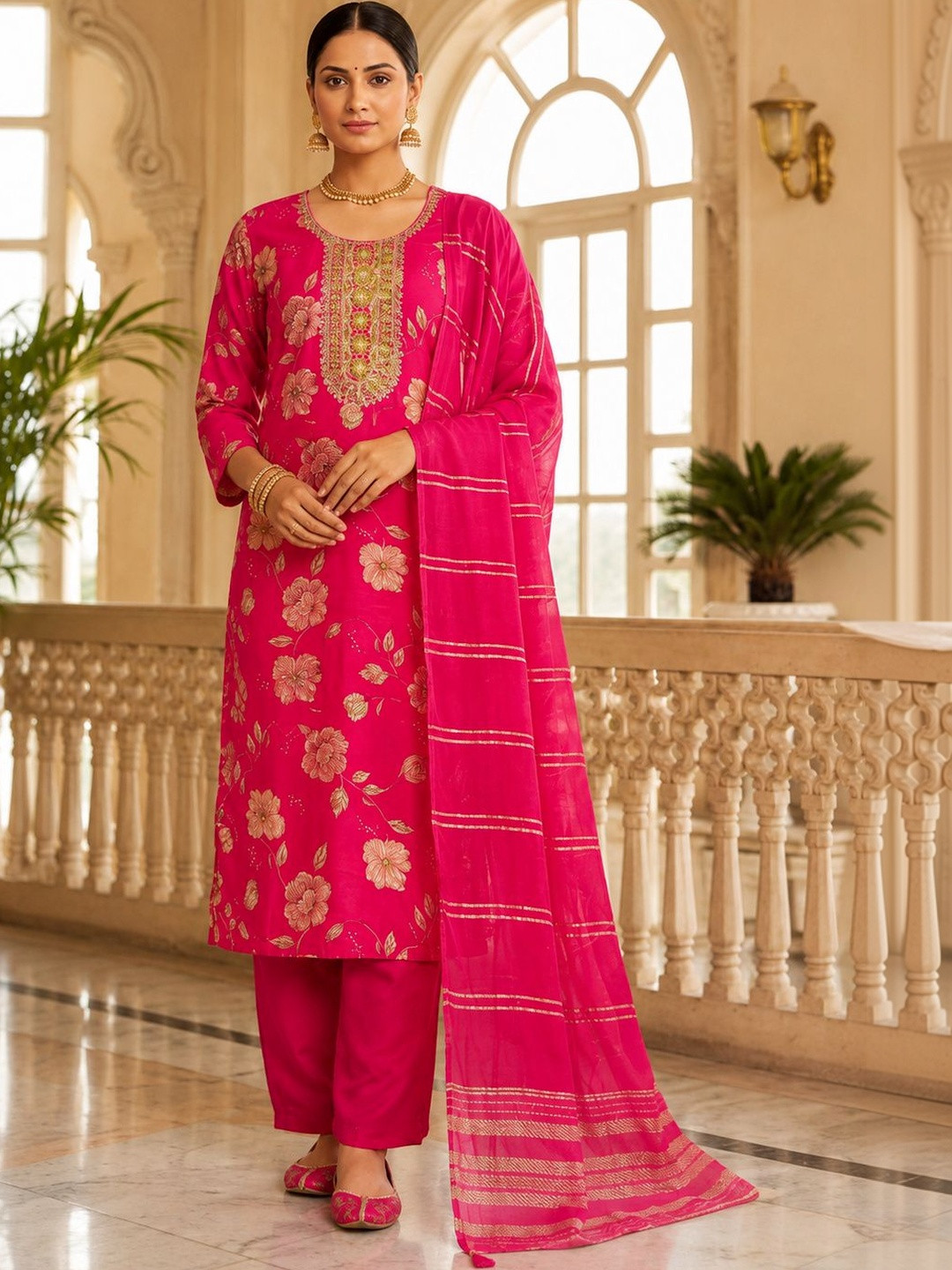 Greatech Fashions Women Floral Printed Regular Kurta with Trousers & With Dupatta