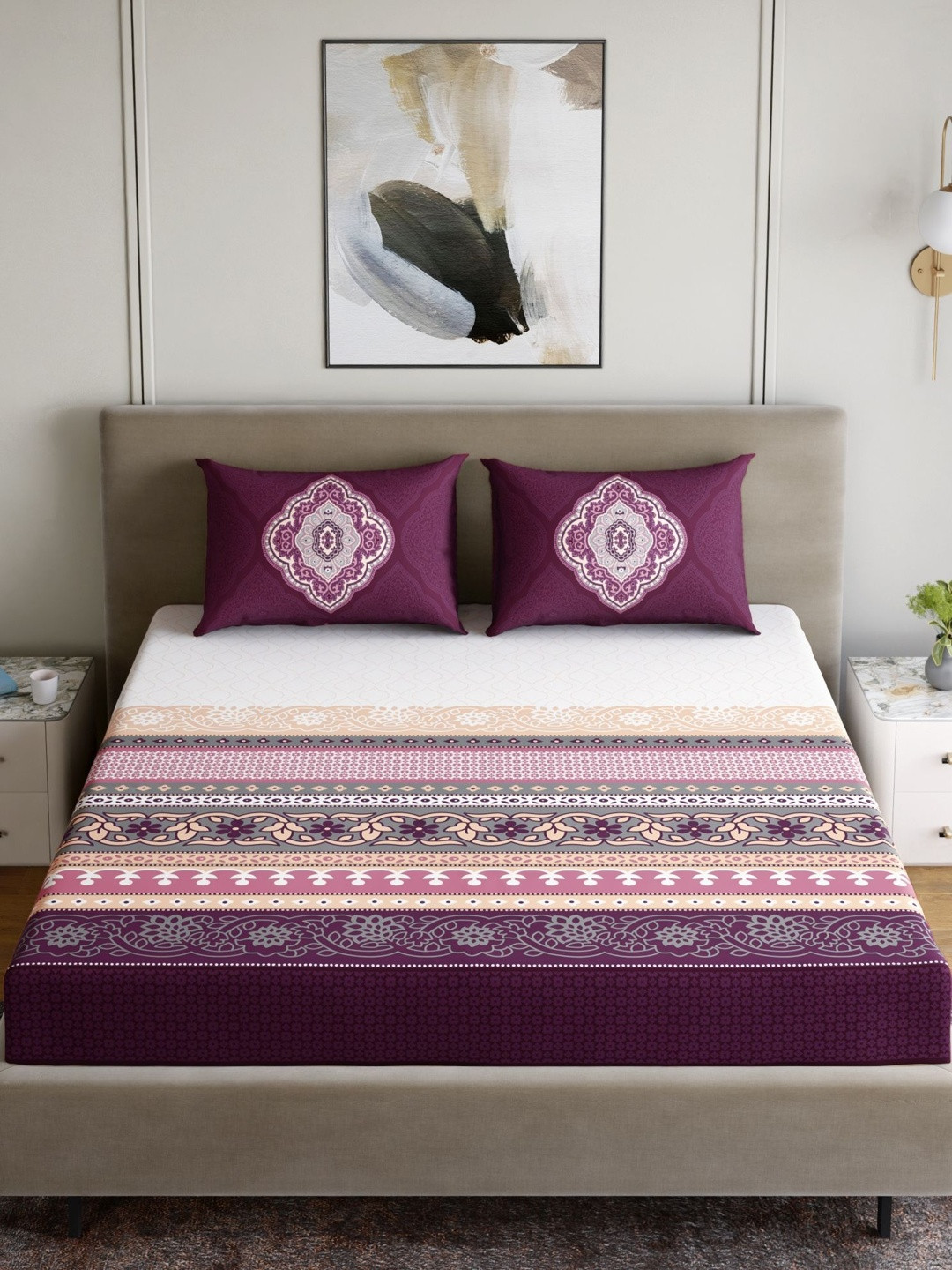 Dreamscape Purple Ethnic Motifs 140 TC Queen Bedsheet with 2 Pillow Covers