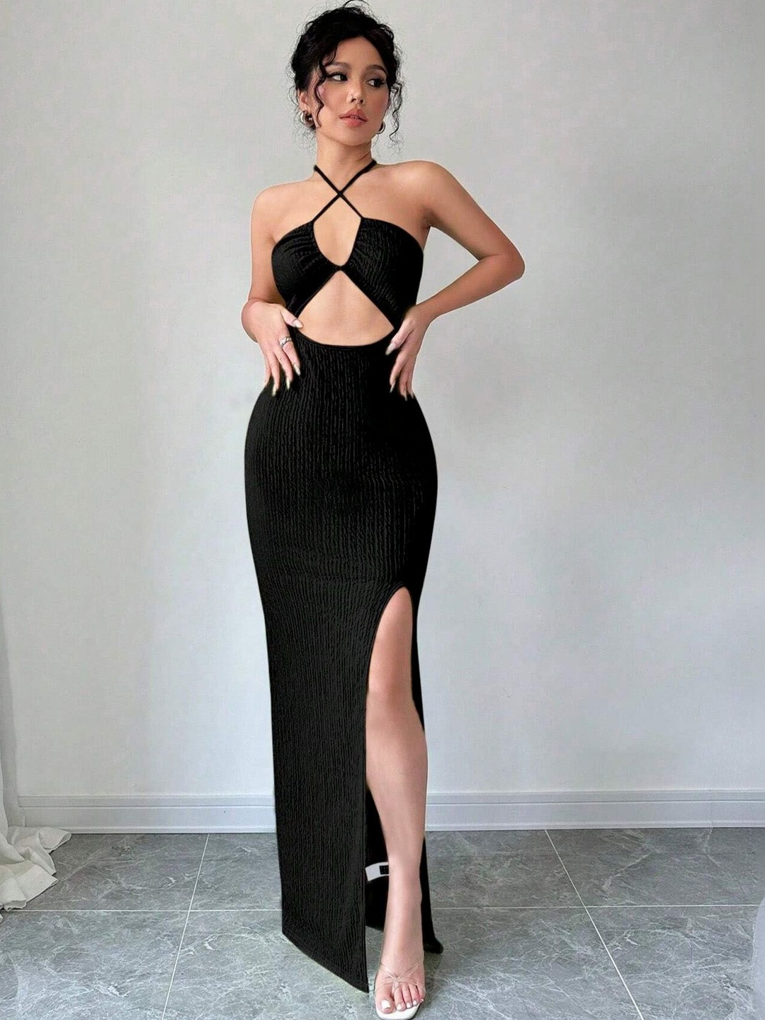 Stylecast X Slyck Solid Bodycone Halter Neck Maxi Dress