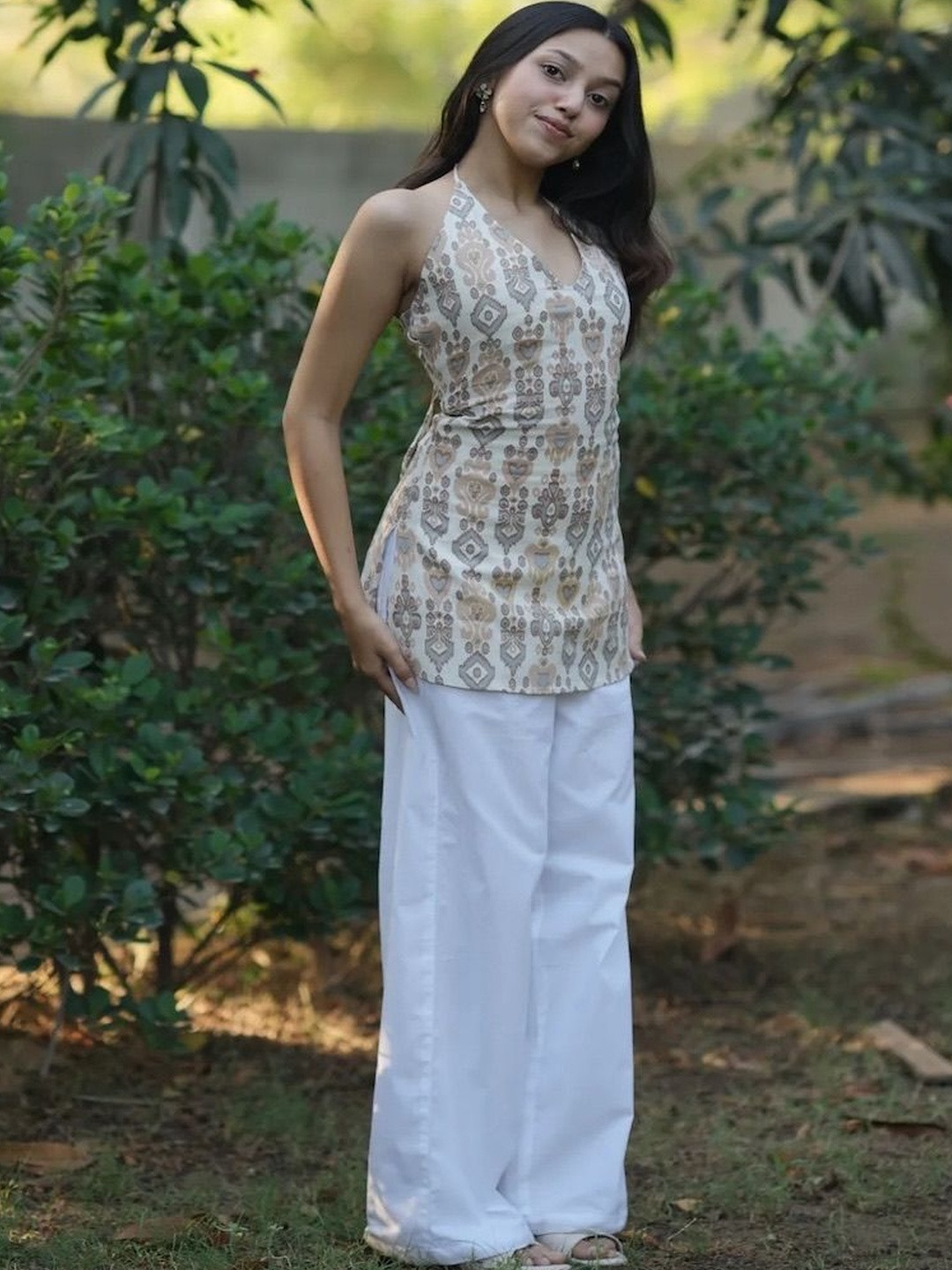 Benpani Ethnic Motifs Printed Halter Neck Pure Cotton Blend Kurti