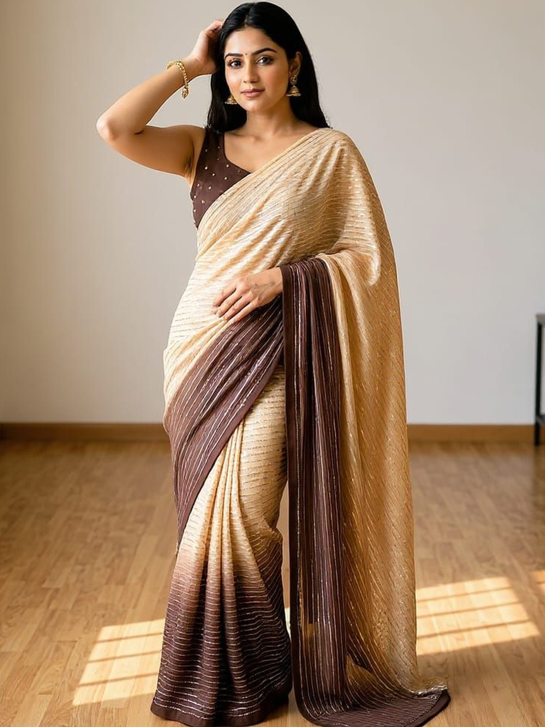 NARI DREAM Ombre Sequinned Satin Heavy Work Saree