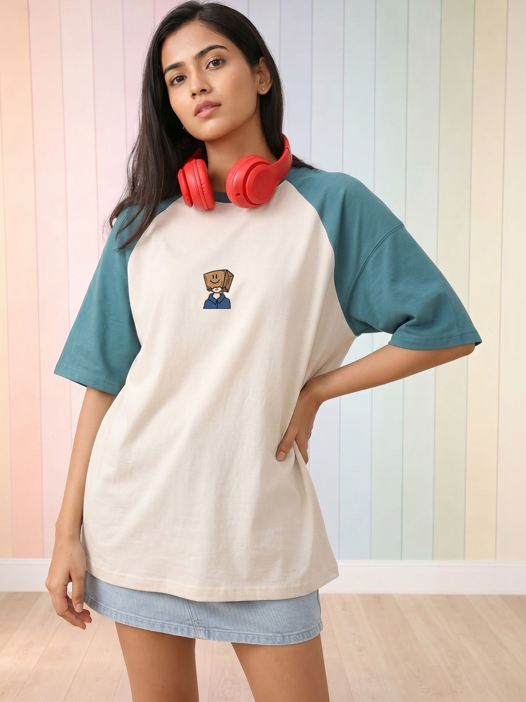 TOM MILTON Colourblocked Round Neck Drop-Shoulder Sleeves Pure Cotton Oversized Tshirt