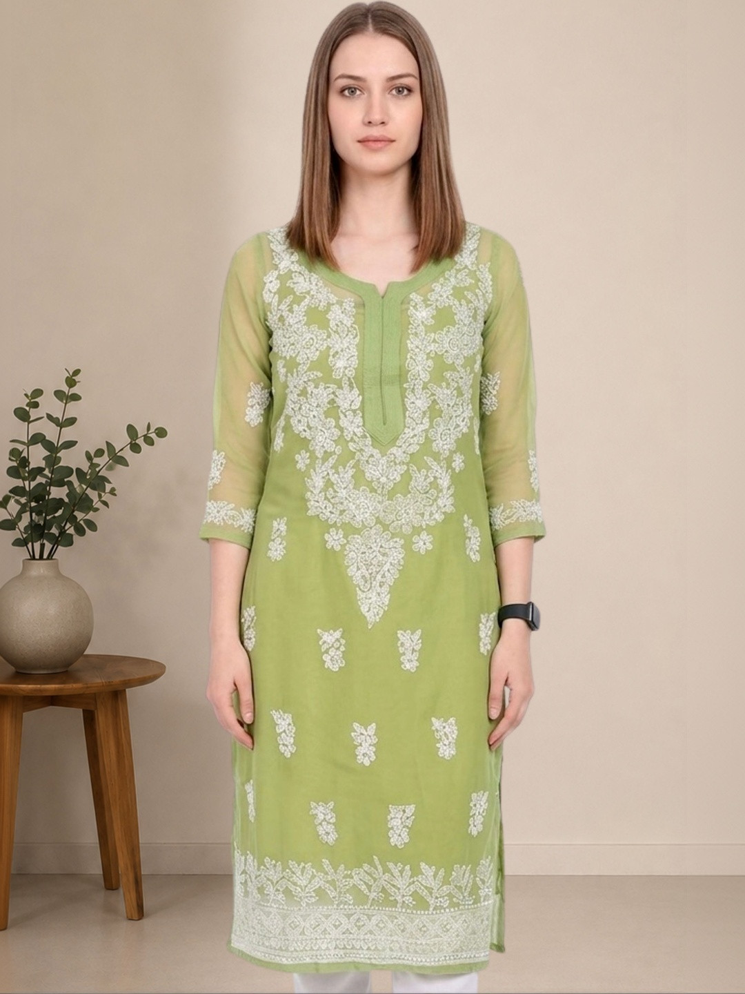 myplusfashion Women Embroidered Chikankari Georgette Kurta