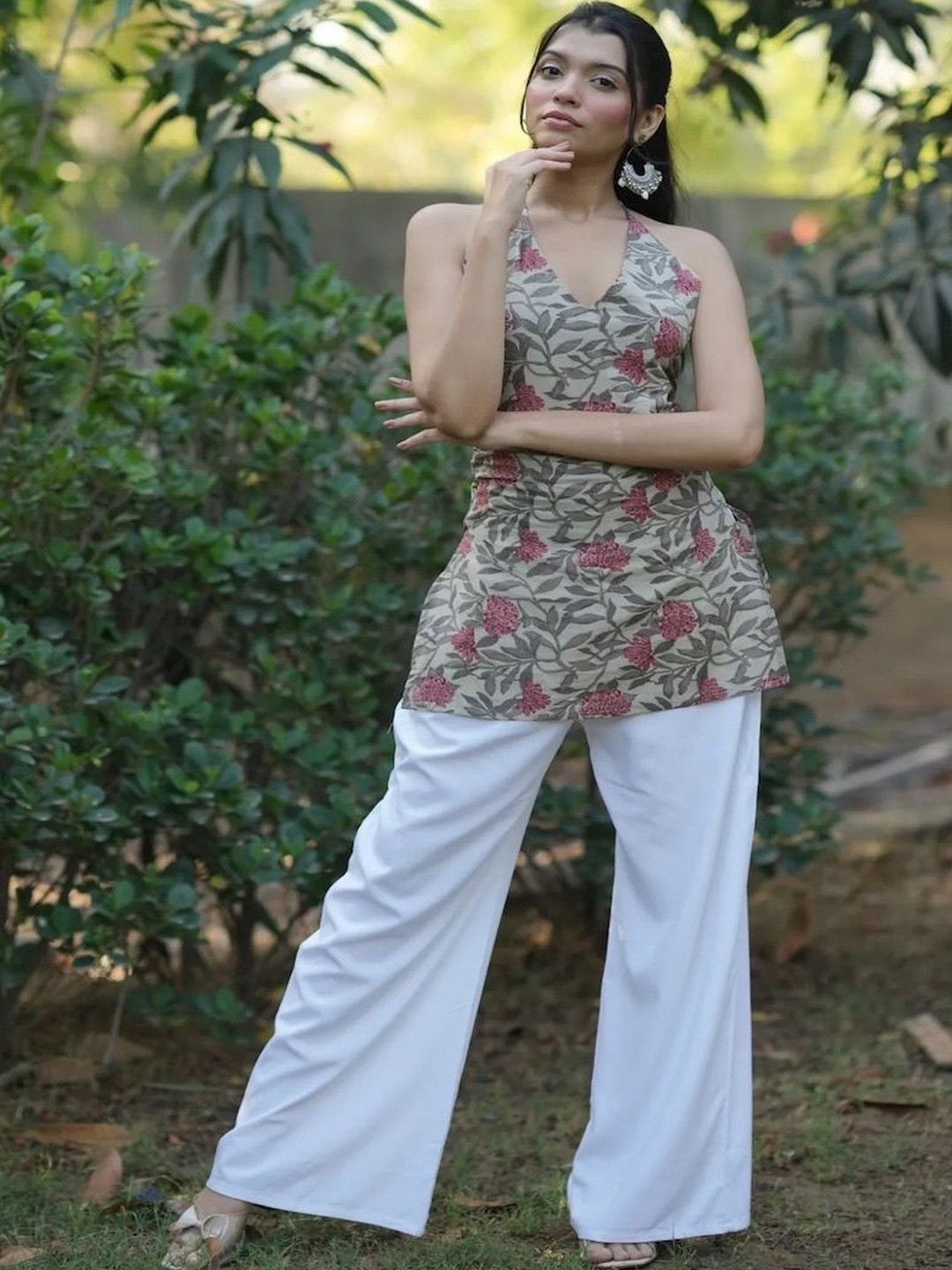 BENPANI Botanical Printed Halter Neck Pure Cotton Blend Kurti