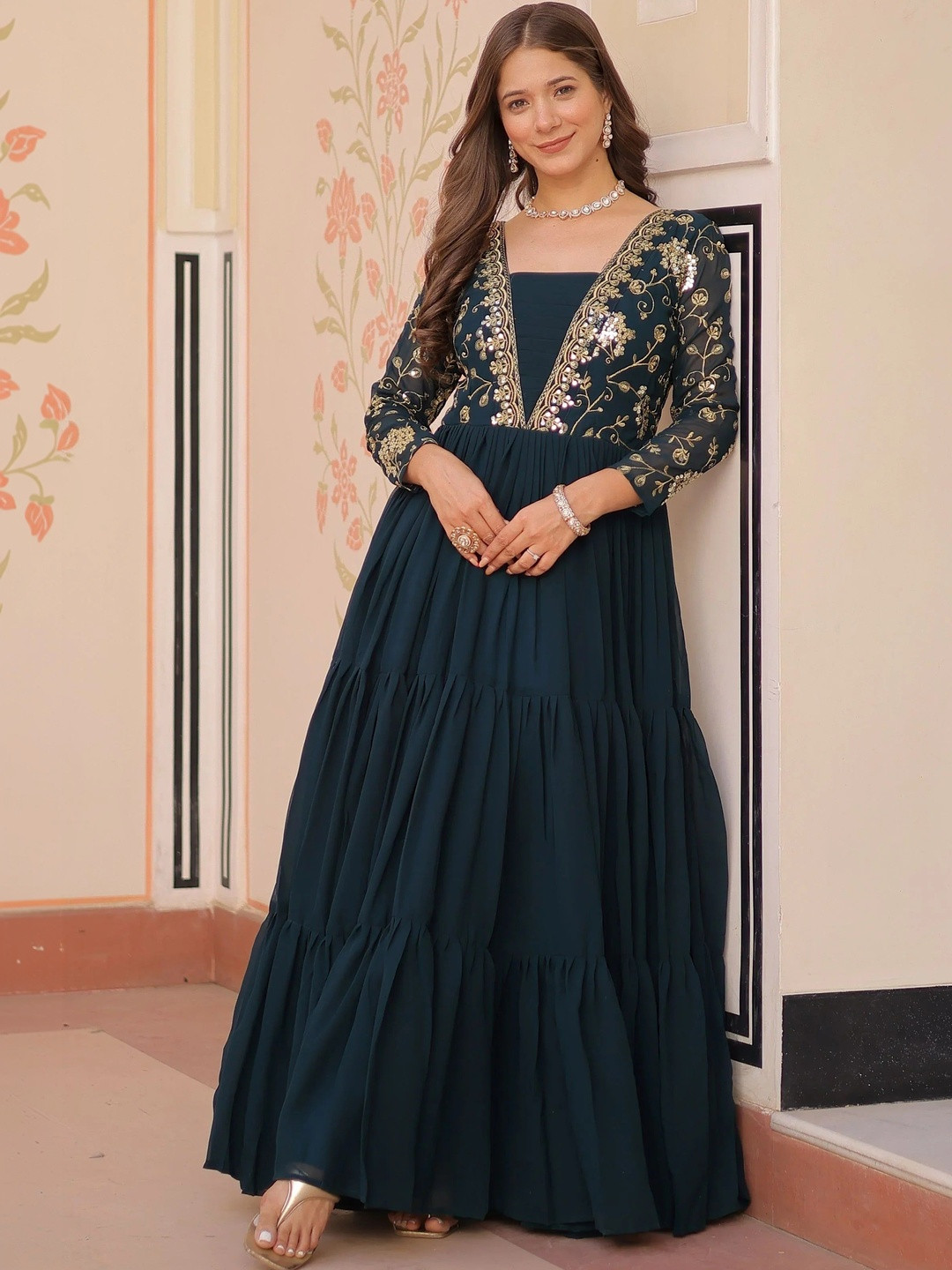 Sangria Embroidered Sequinned Fit & Flare Maxi Ethnic Dresses