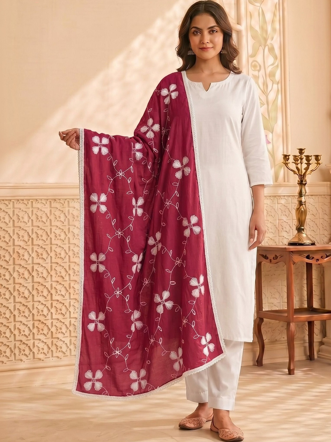 Zamour Floral Embroidered Pure Cotton Dupatta With Thread Work