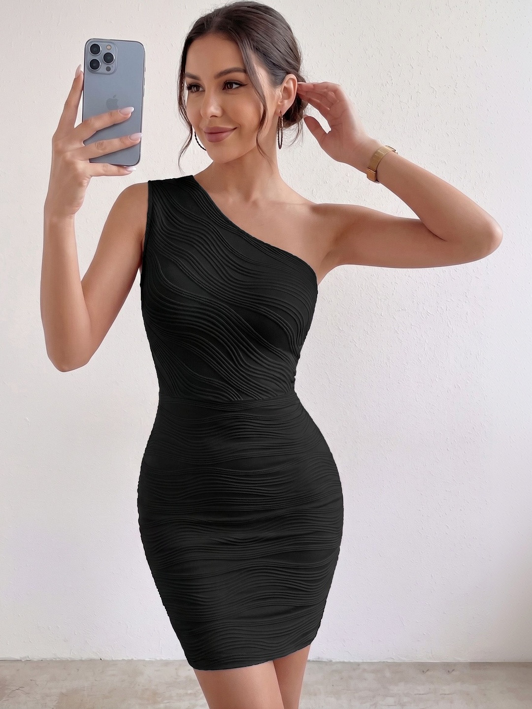 Stylecast X Slyck Solid Bodycon Asymmetric Neck Mini Dress