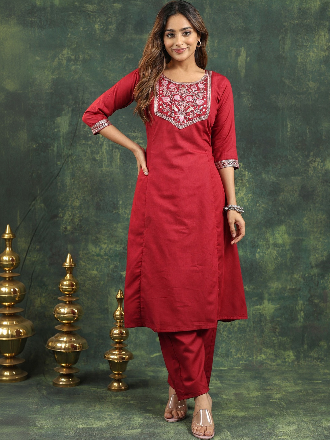 Kalavritta Women Floral Embroidered Regular Thread Work Pure Cotton Kurta with Palazzos