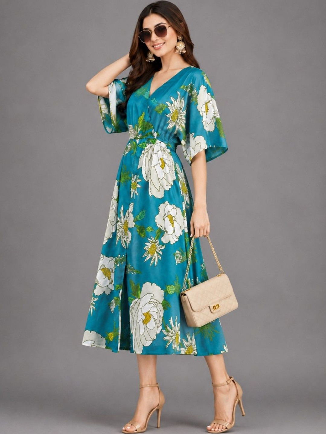Mast & Harbour Floral Print Kimono Sleeve A-Line Midi Dress