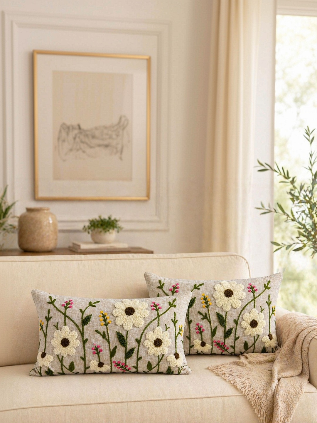 TANLOOMS Beige Set of 2 Floral Linen Rectangle Cushion Covers