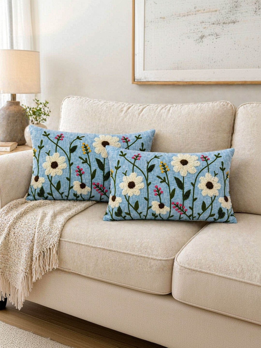 MONKDECOR Turquoise Blue Set of 2 Floral Linen Rectangle Cushion Covers