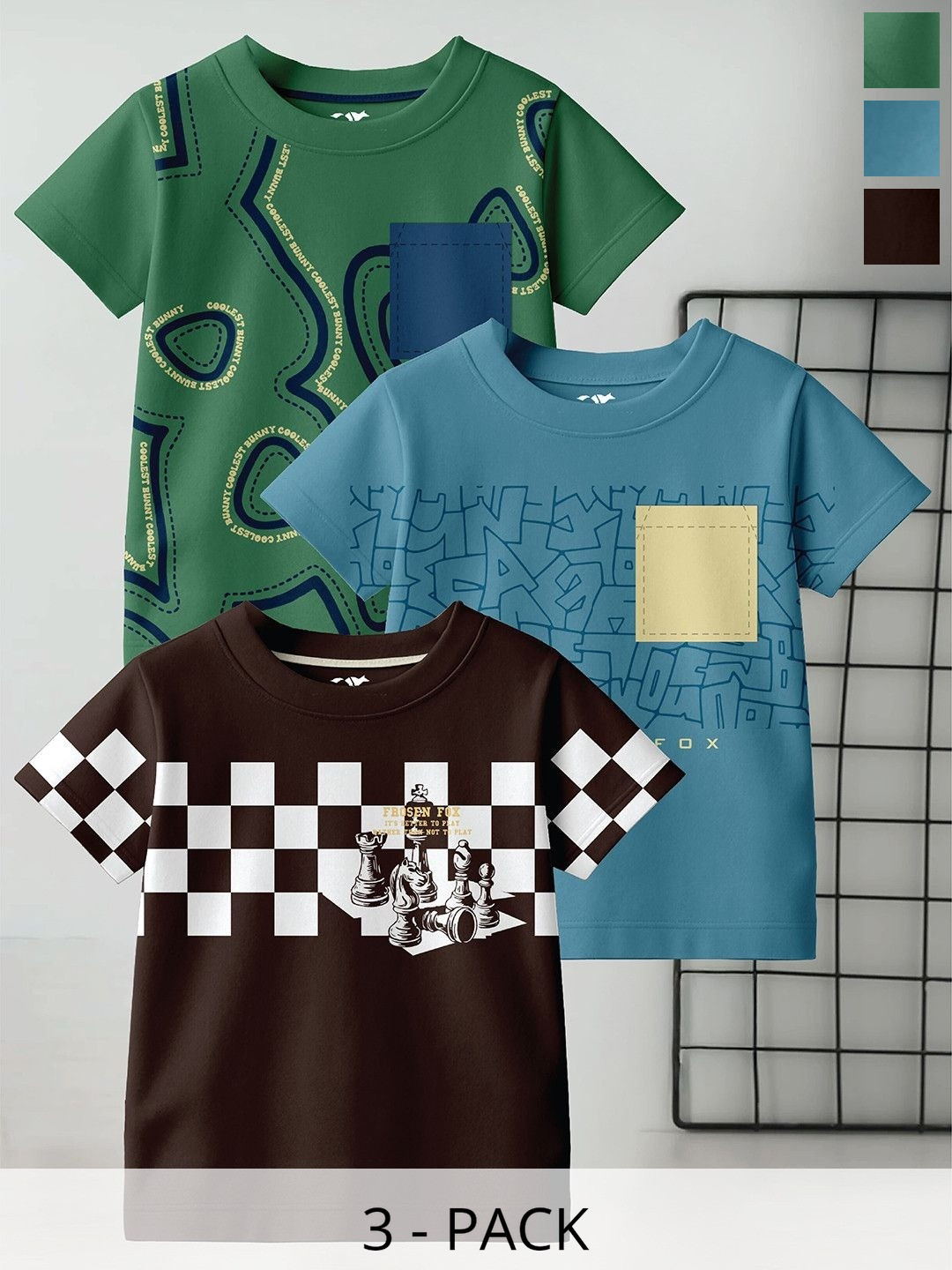 FROSEN FOX Boys Pack of 3 Graphic Printed Round Neck Pure Cotton T-shirts