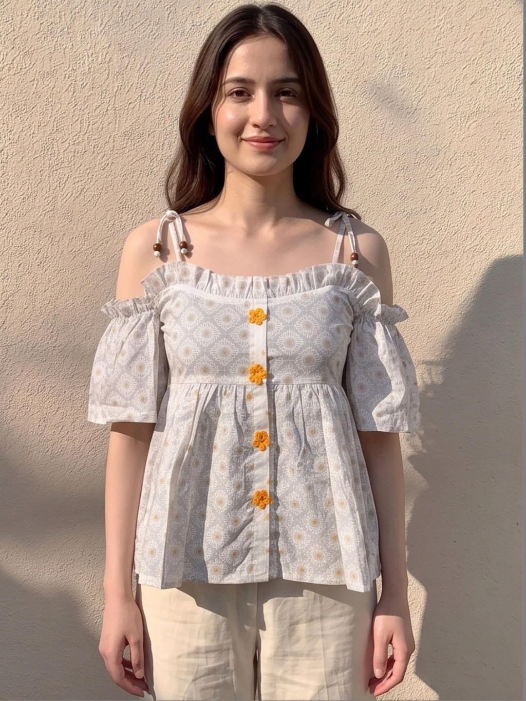 MAAND Geometric Print Off-Shoulder Puff Sleeve Ruffles Cotton Top