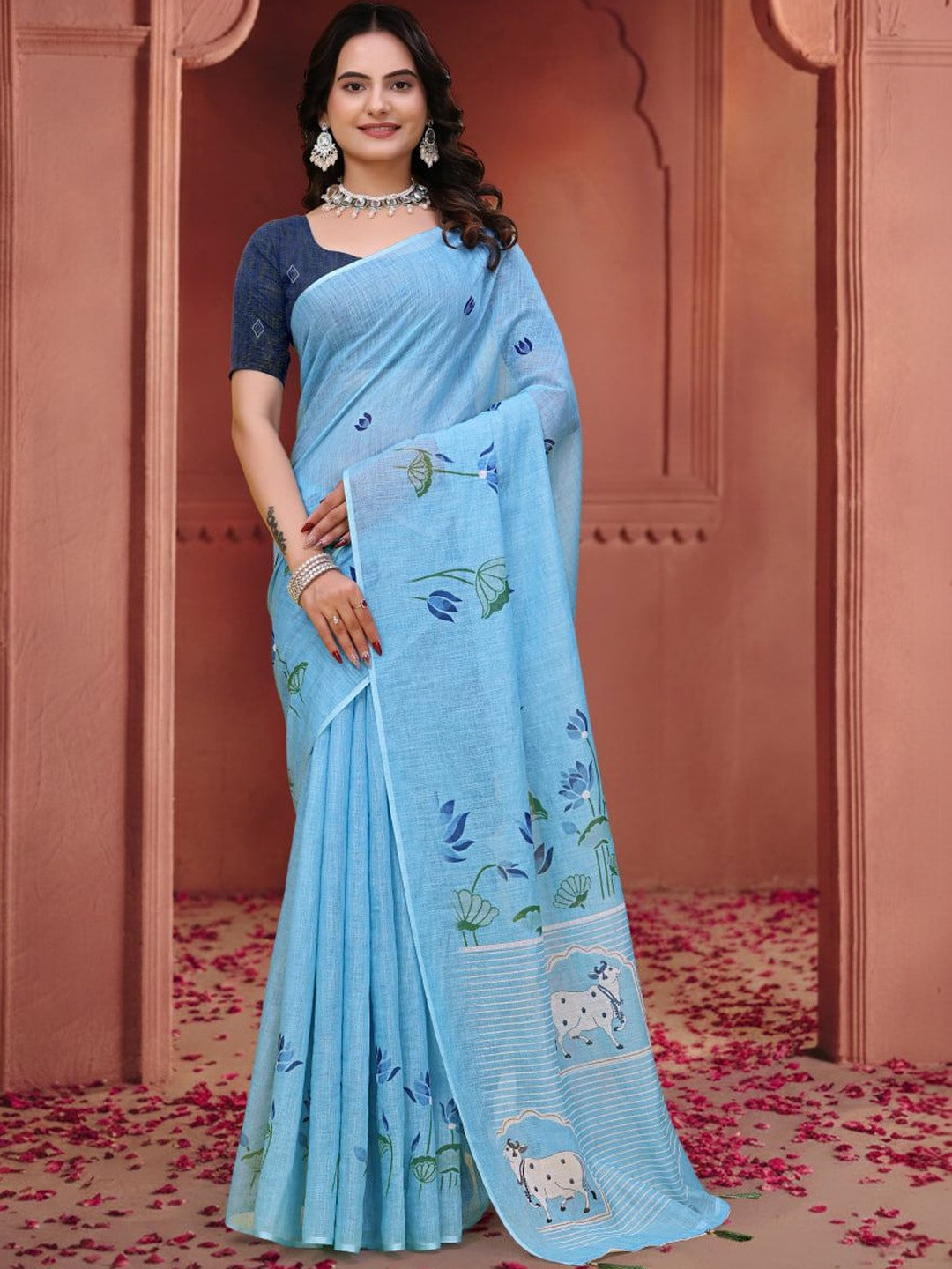 DHANLAXMI SAREES Floral Pure Linen Handloom Kota Saree