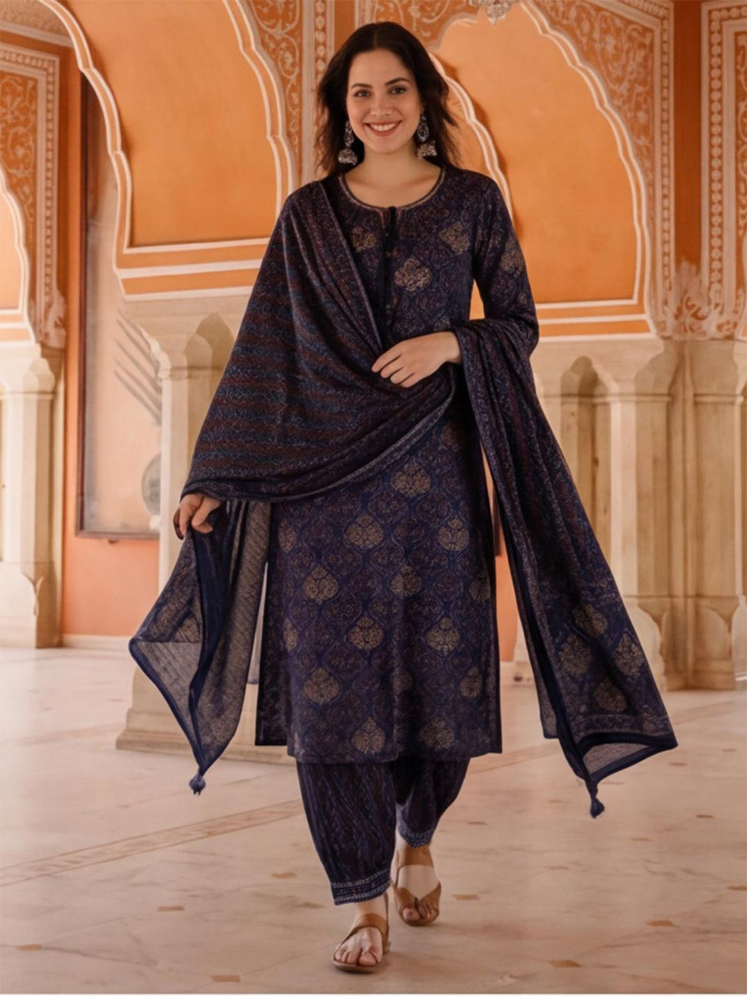 Anouk Women Floral Embroidered Regular Pure Cotton Kurta with Salwar & With Dupatta
