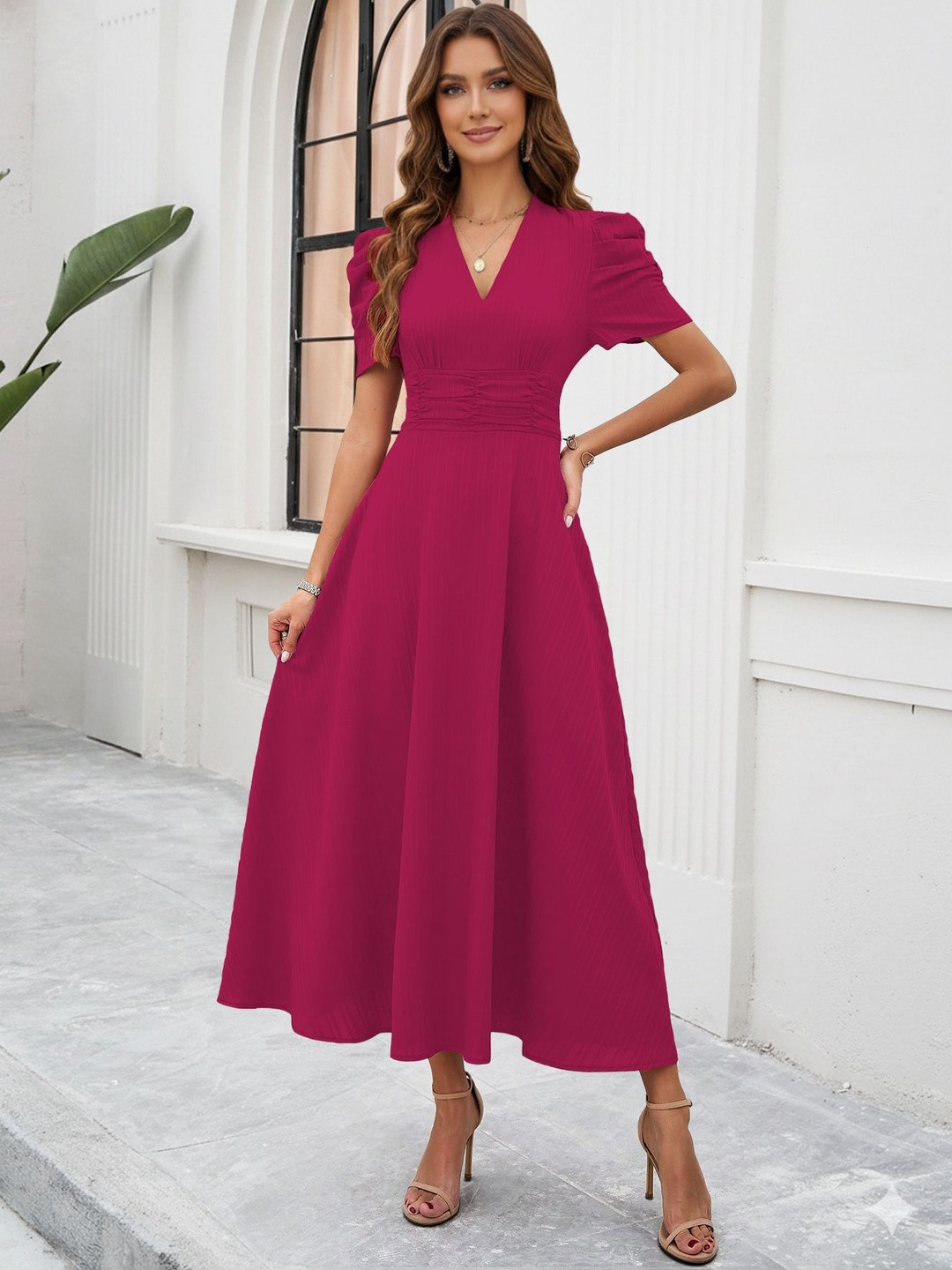 Sugathari Puff Sleeve Fit & Flare Midi Dress