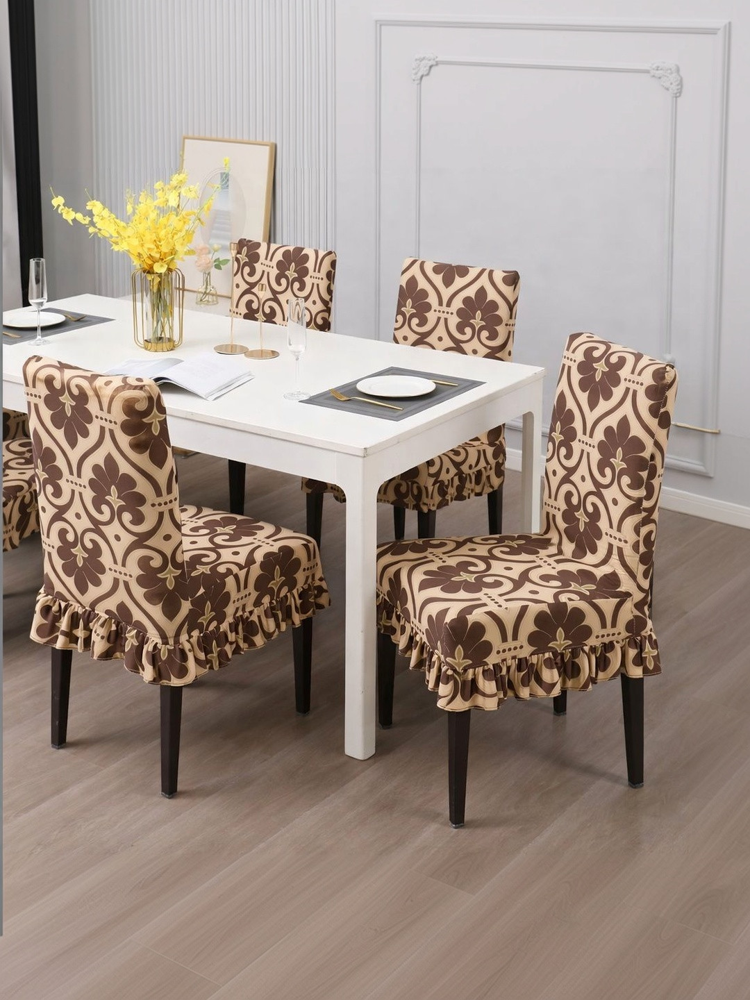 DFH 4-Pcs Beige Printed Durable Chair Covers
