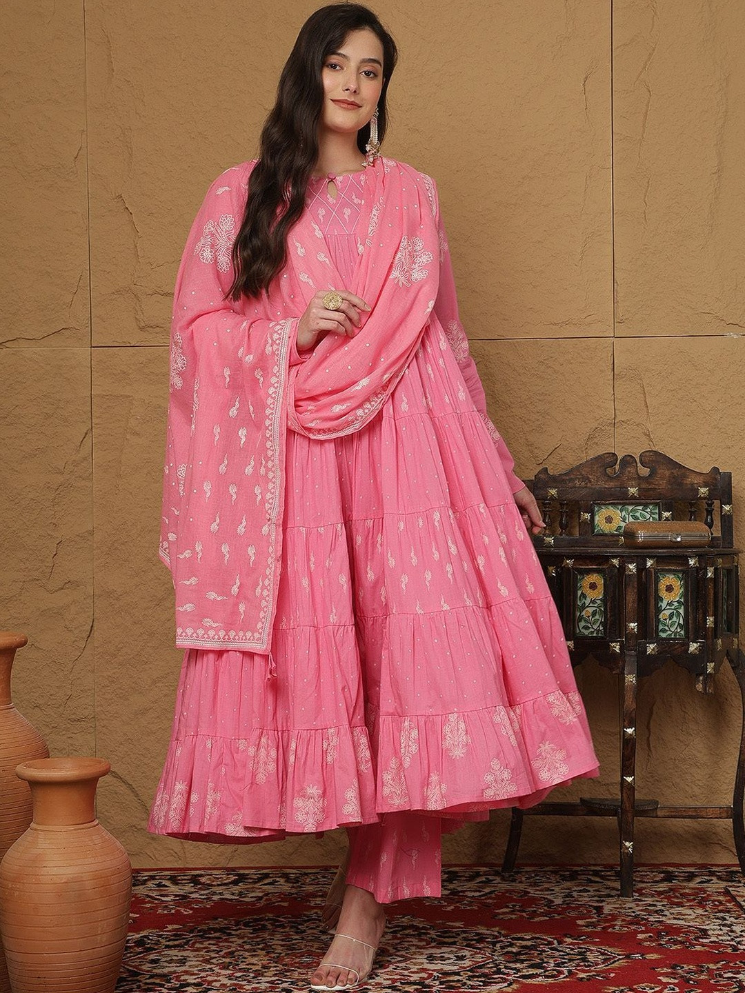 kipek Women Ethnic Motifs Printed Tiered Pure Cotton Kurta with Trousers & With Dupatta