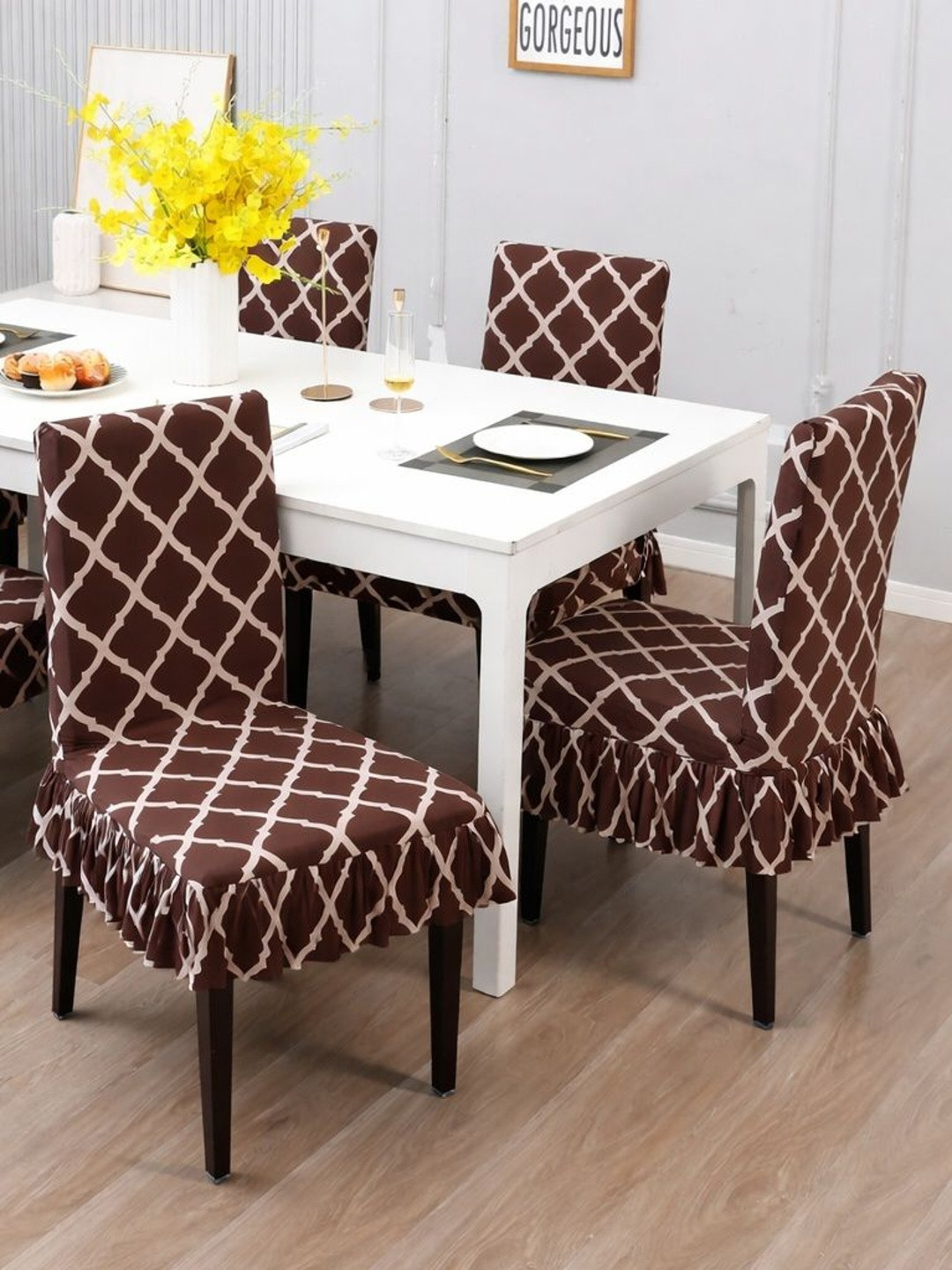 DFH 4-Pcs Coffee Brown Printed Durable Chair Covers
