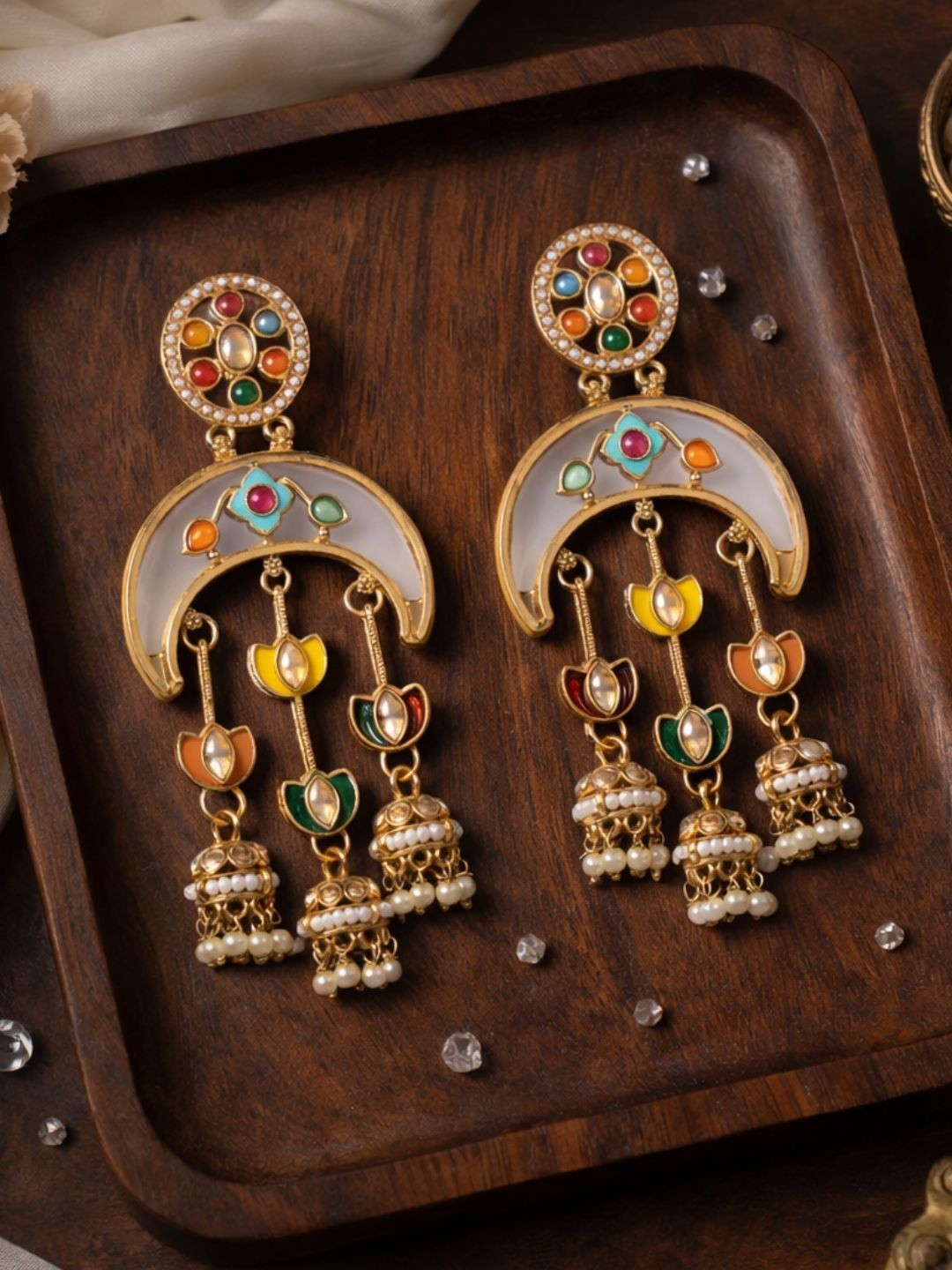I Jewels Women Crescent Shaped Kundan Studded & Beaded Drop Earrings