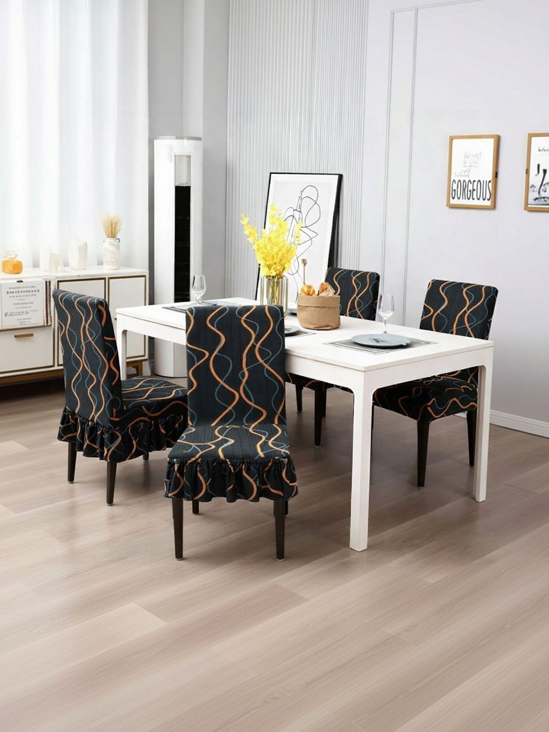 DFH 4-Pcs Black Printed Durable Chair Covers