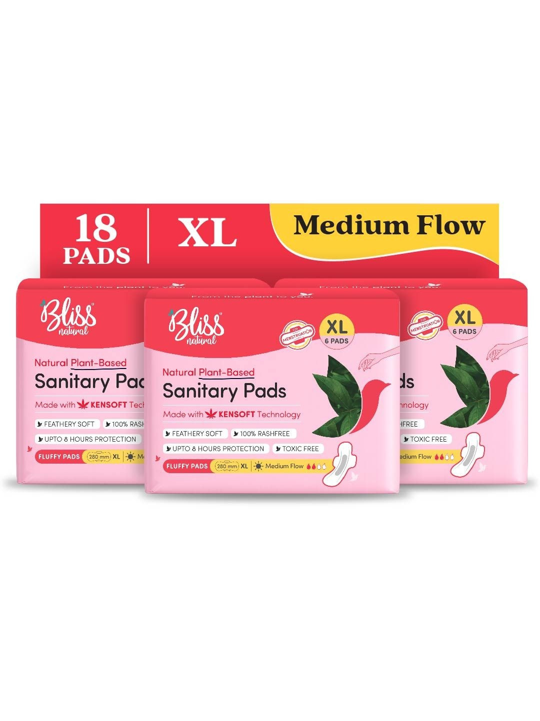 BLISSNATURAL Set Of 3 Rash-Free XL Sanitary Pads For Medium Flow - 6 Pads Each