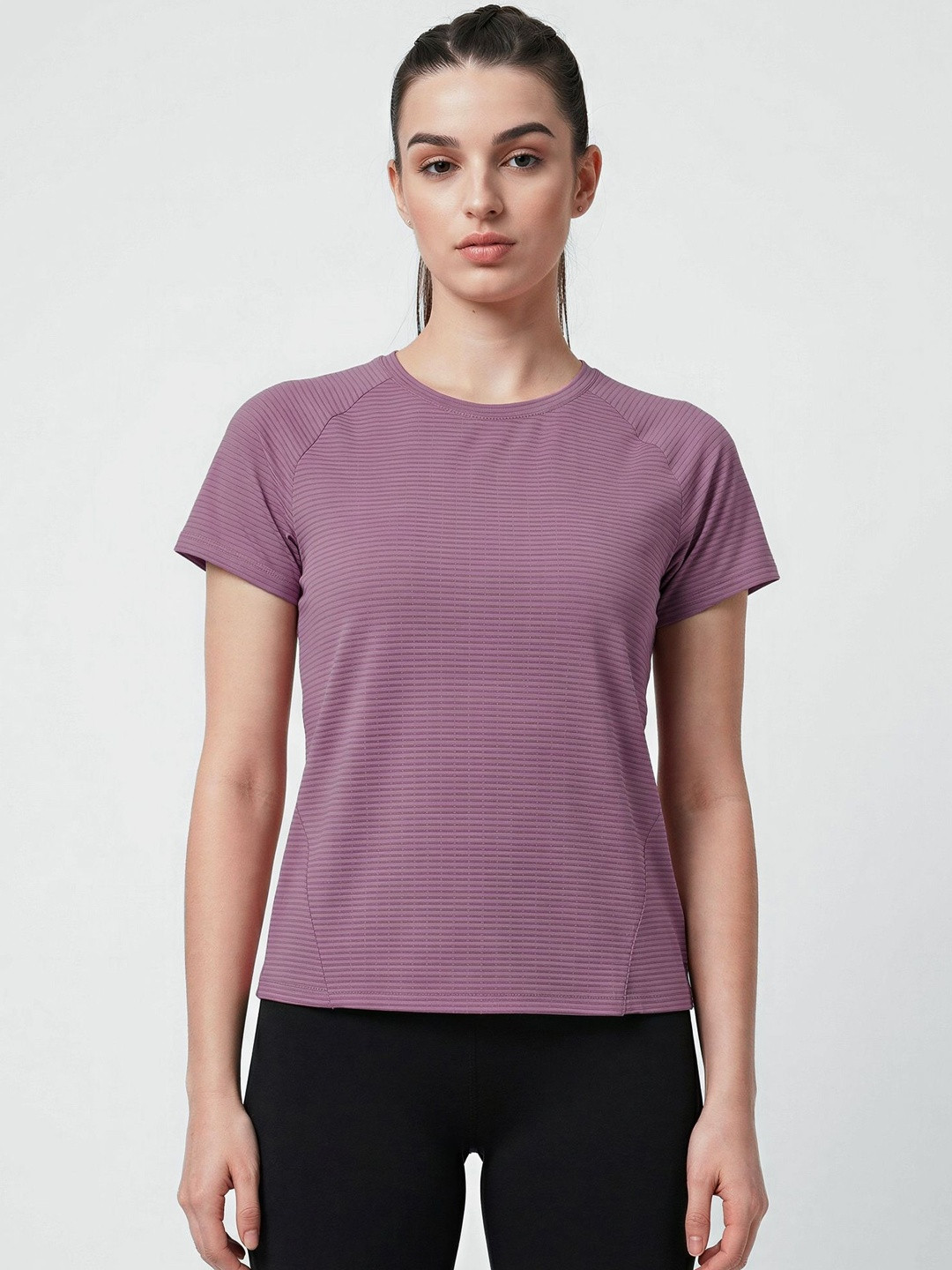 Fitkin Women Self-Stripe Round Neck Short Sleeves Training T-Shirt