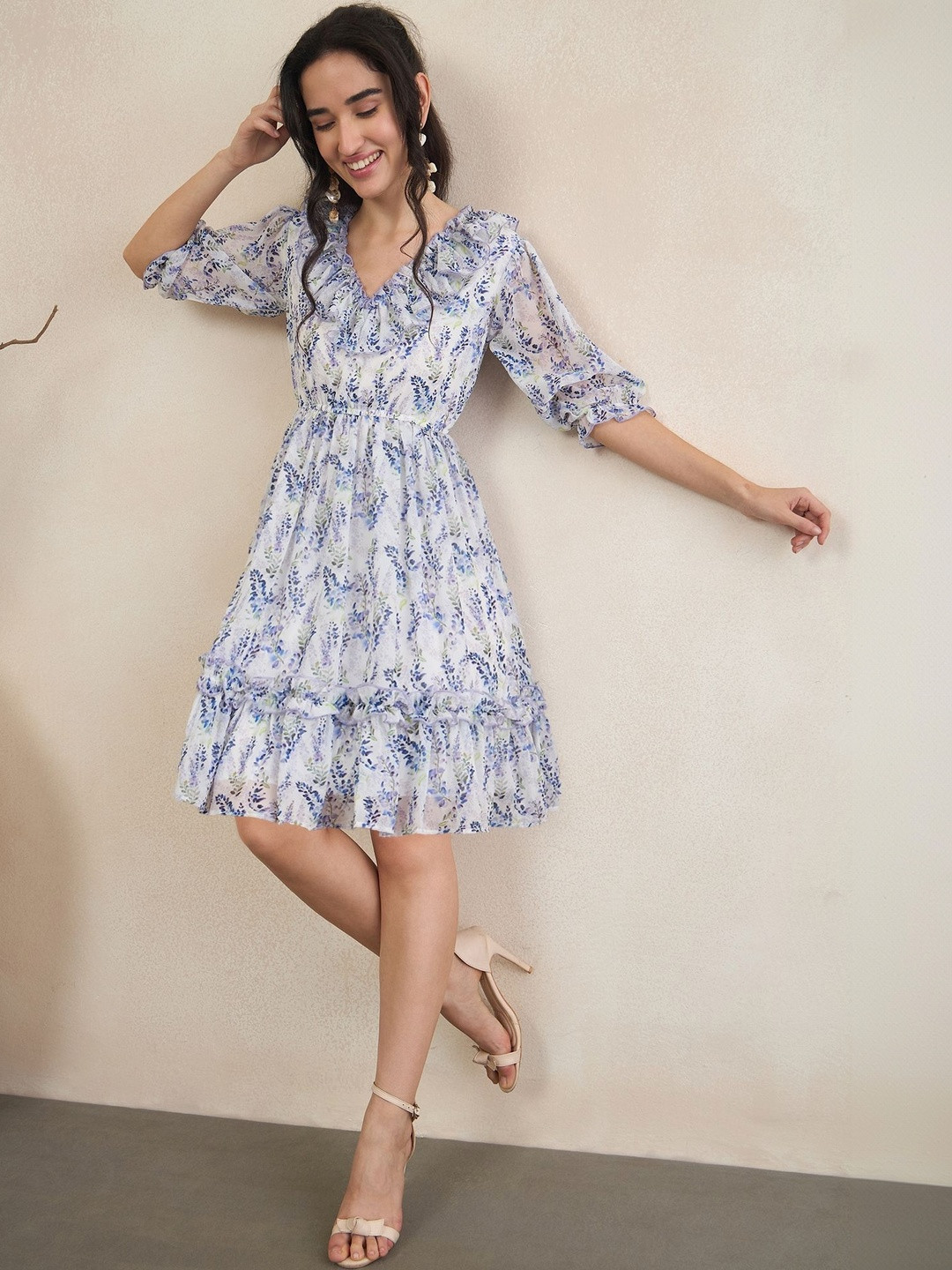 Fabway Clothing Floral Print Ruffled Georgette Fit & Flare Dress