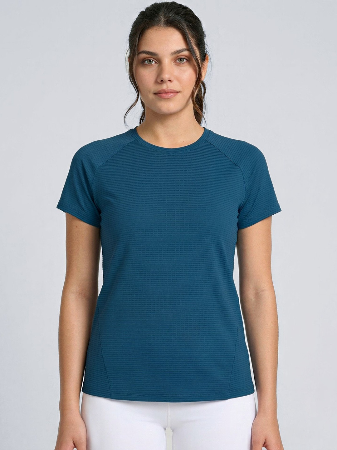 Fitkin Women Teal Blue Self-Stripe Round Neck Short Sleeves Training T-Shirt