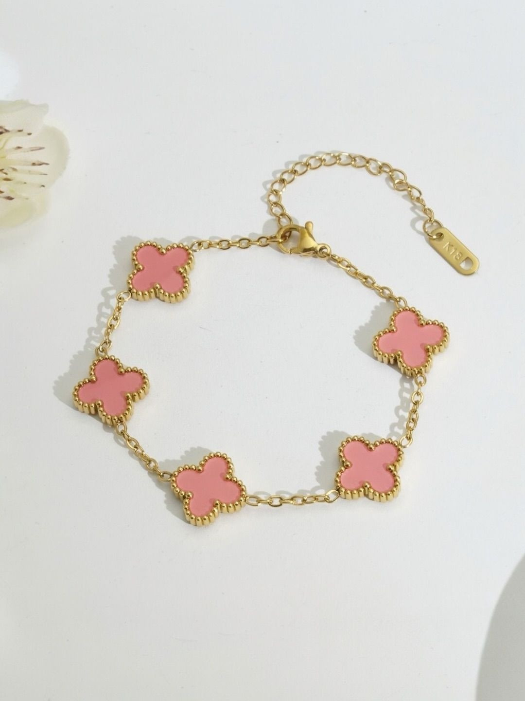 JYARSH Women Gold Plated Anti-Tarnish Stainless Steel Pink Clover Bracelet