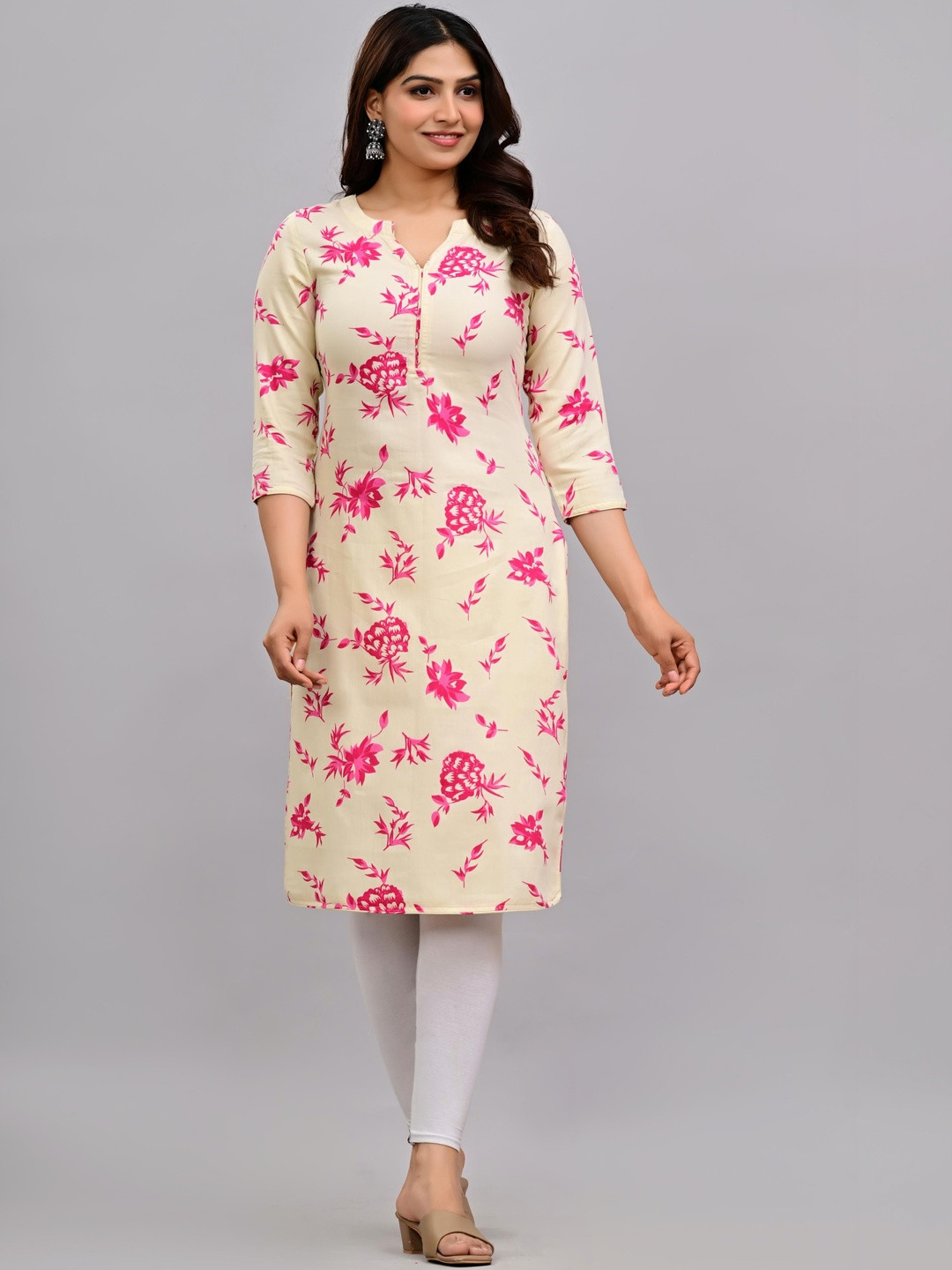 KELWA Floral Printed V-Neck Pure Cotton Blend Kurti