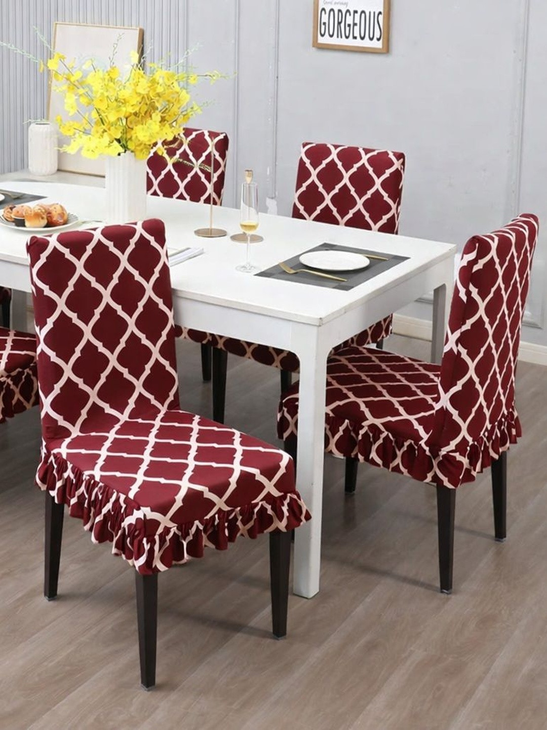 DFH 4-Pcs Maroon Printed Durable Chair Covers