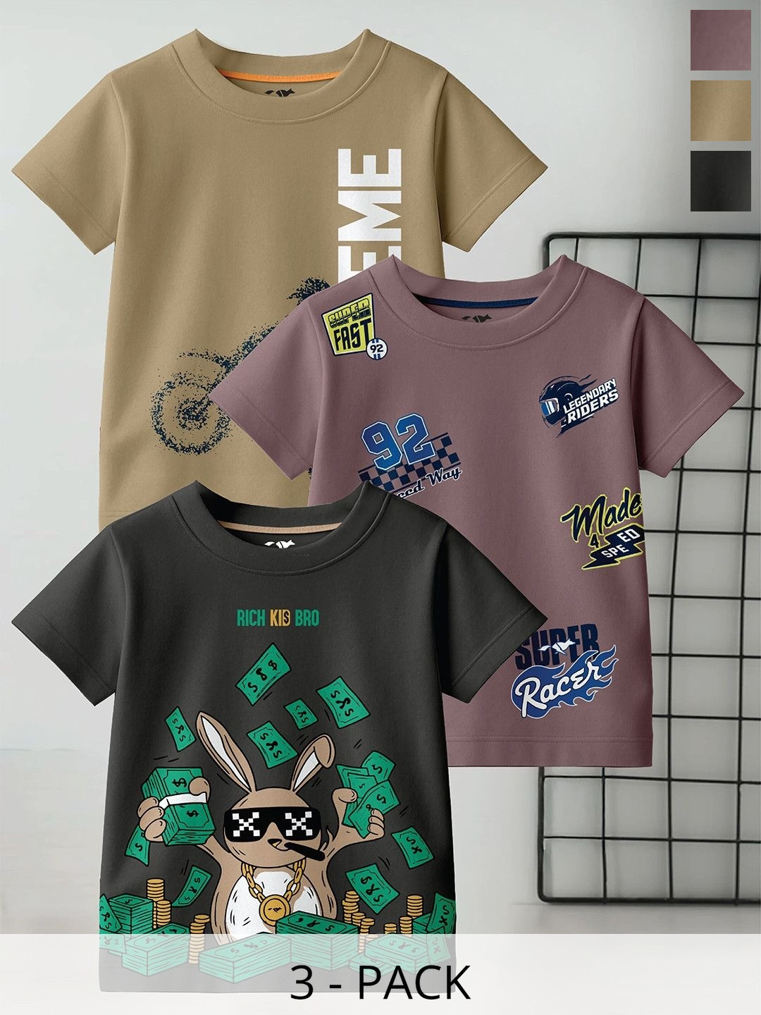 FROSEN FOX Boys Pack of 3 Graphic Printed Round Neck Pure Cotton T-shirts