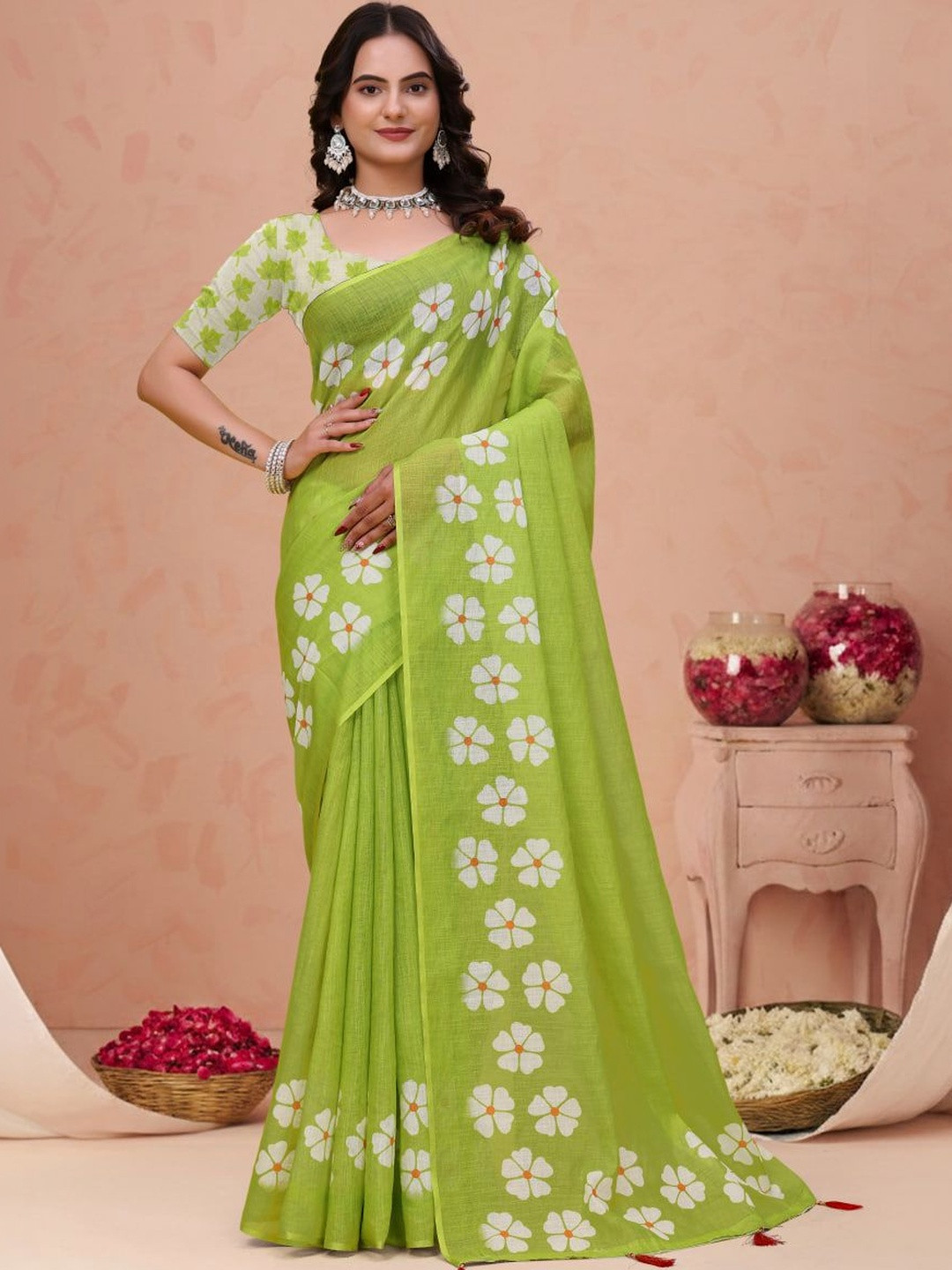 DHANLAXMI SAREES Floral Pure Linen Fusion Kota Saree
