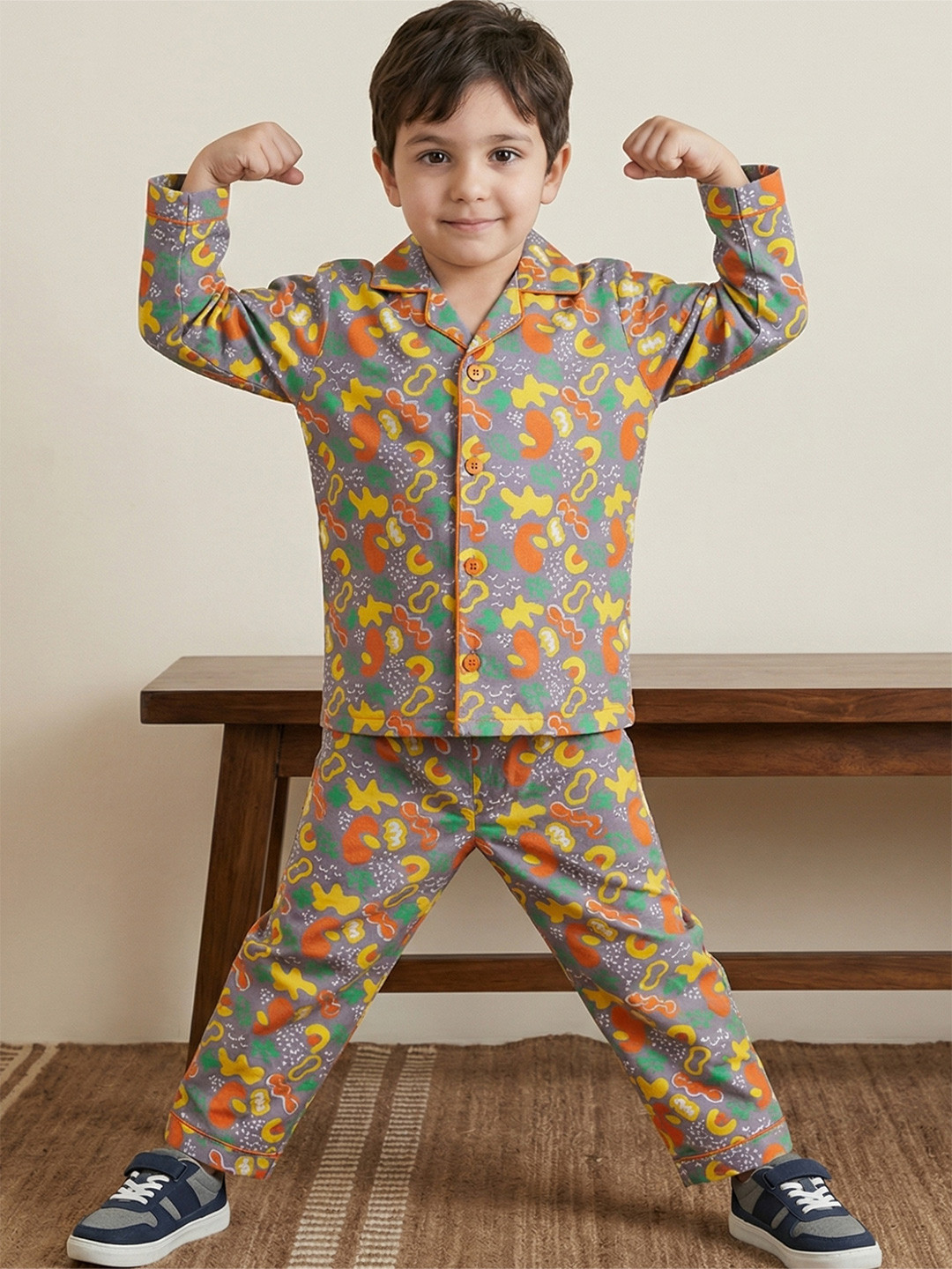 CLAP Unisex Kids Printed Full Sleeves Cotton Night Suit