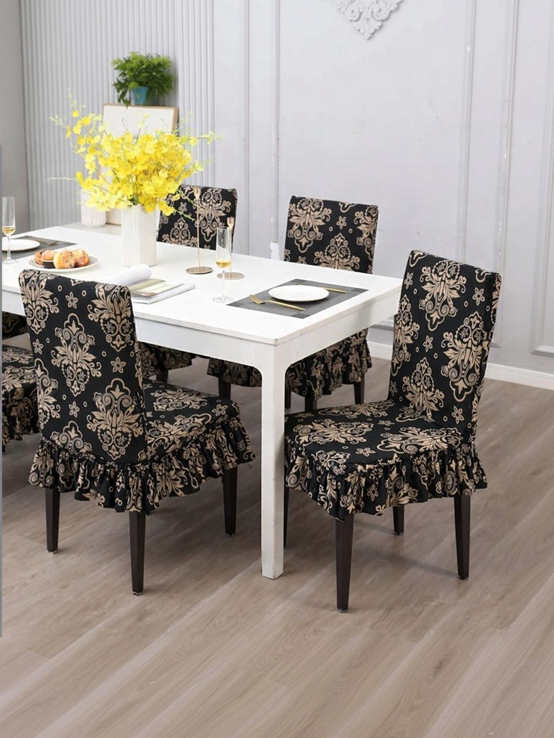 DFH 4-Pcs Black Printed Durable Chair Covers