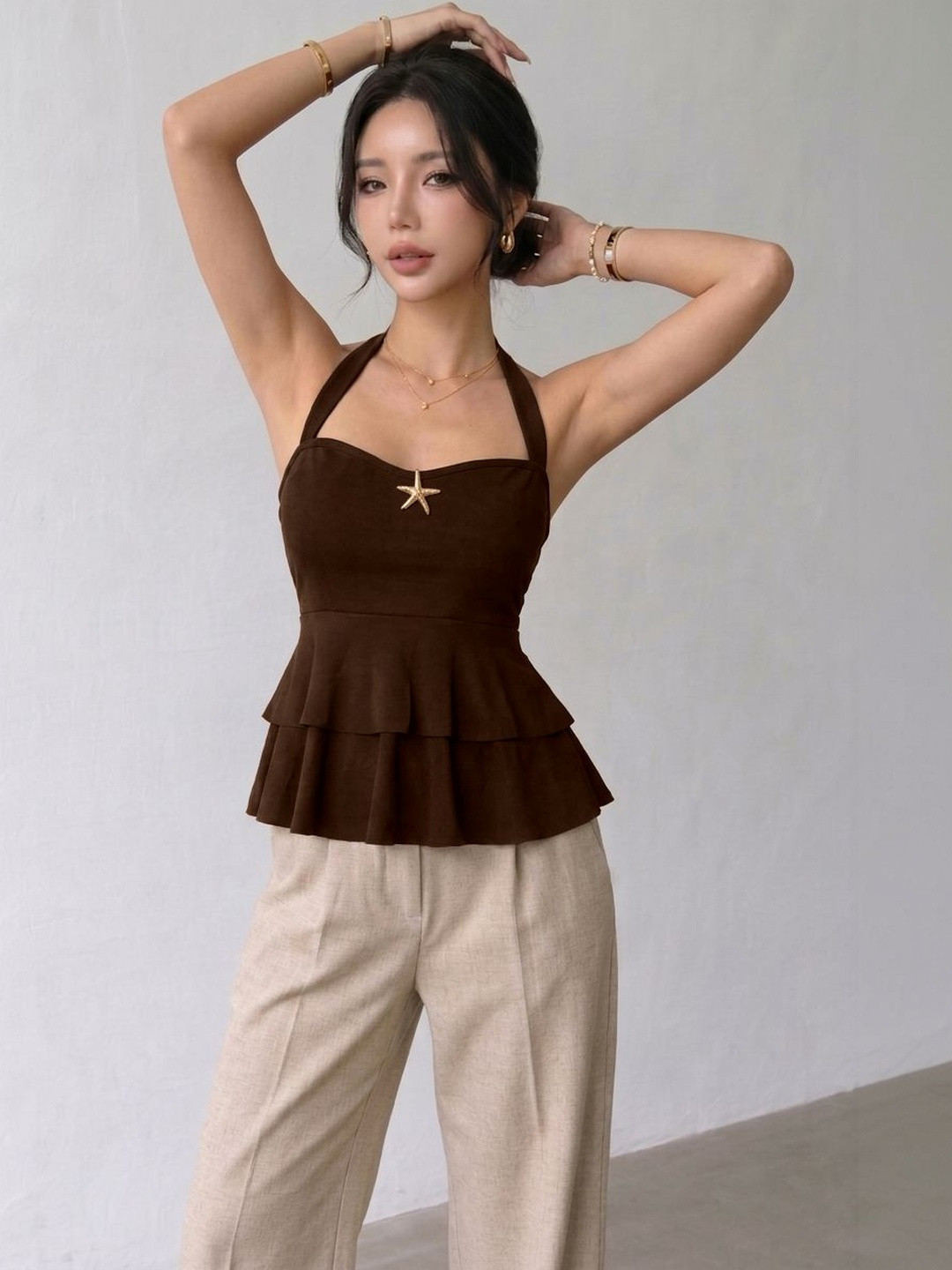 Tivante Halter Neck Ruffles Peplum Top
