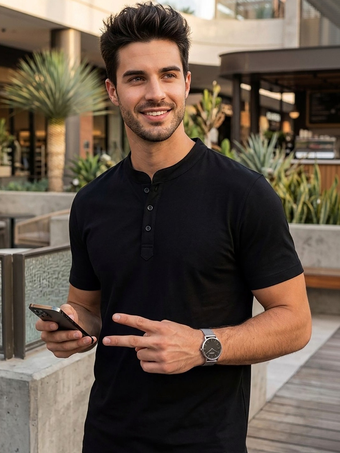 UNIBERRY JEANS Men Henley Neck Pockets T-shirt