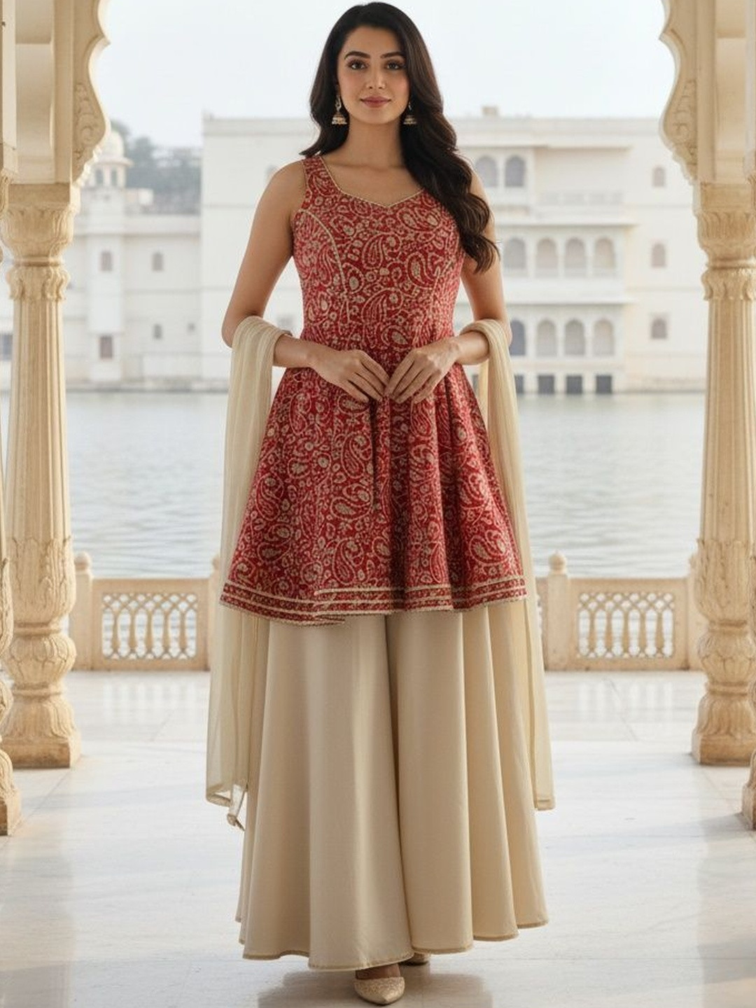 VIBE VISION Women Ethnic Motifs Printed Tiered Gotta Patti Kurta with Palazzos & With Dupatta